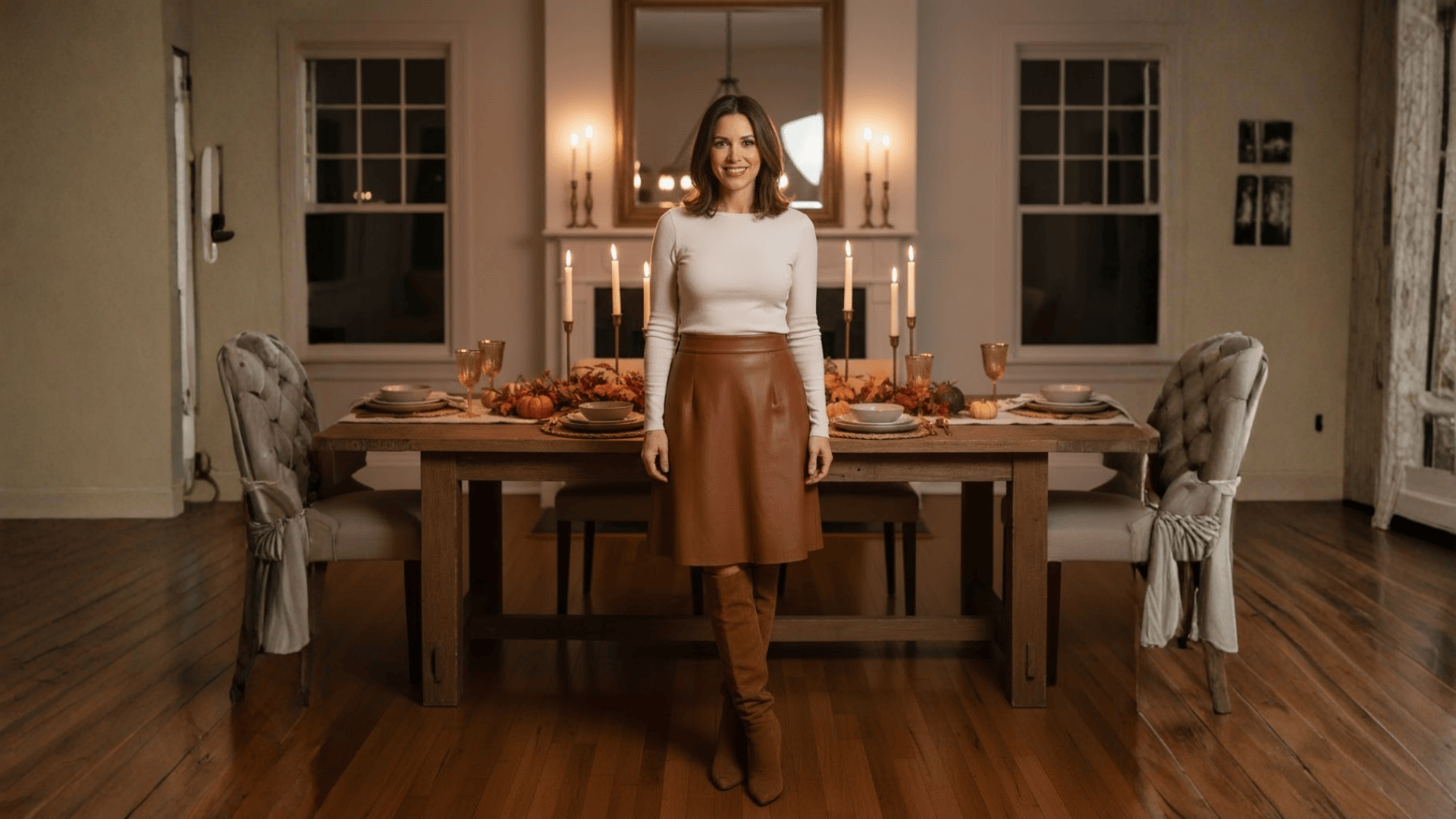 A Line Skirt And Long Sleeve Fitted Top Thanksgiving Outfit