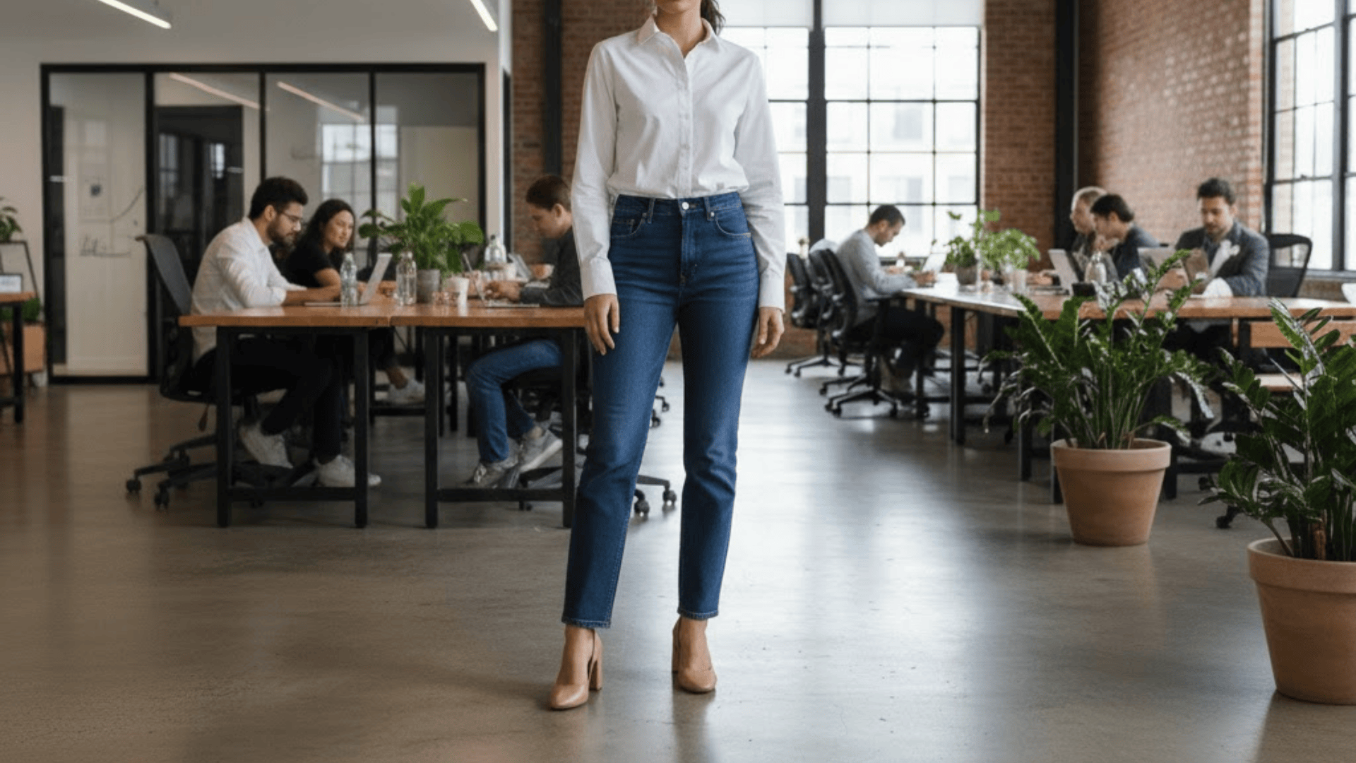 Button Down Shirt With Straight Leg Jeans and Block Heels