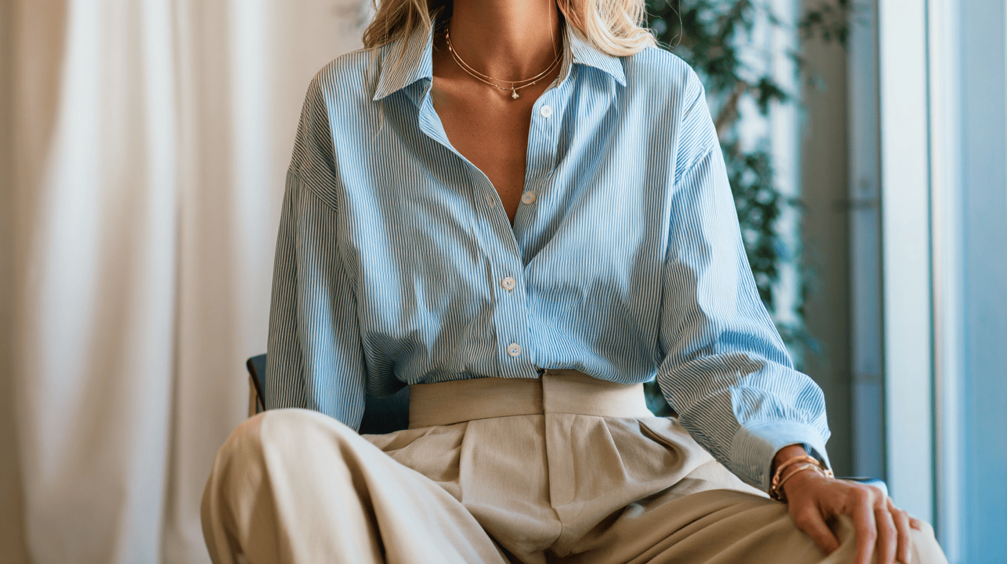 Button Up Shirt Tucked Into Wide Leg Trousers