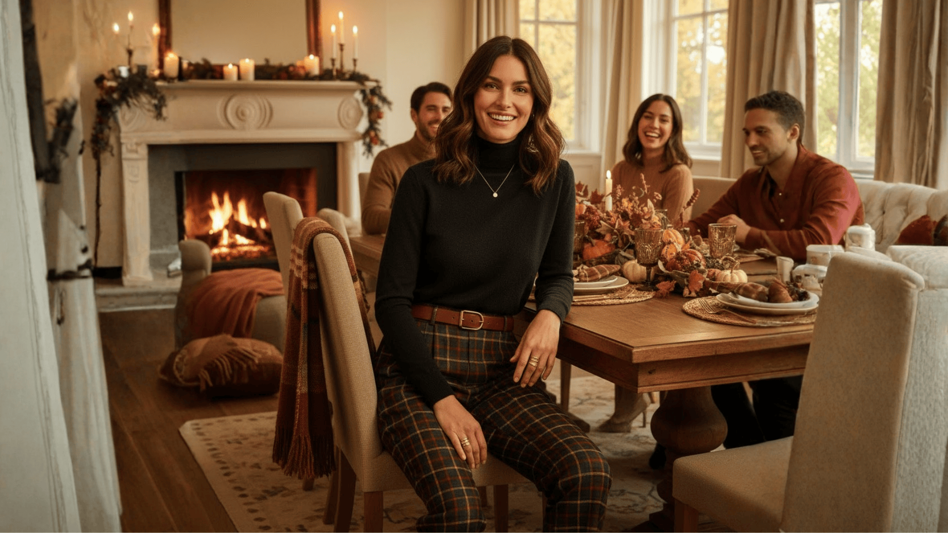 Cashmere Sweater And Plaid Trousers Thanksgiving Outfit
