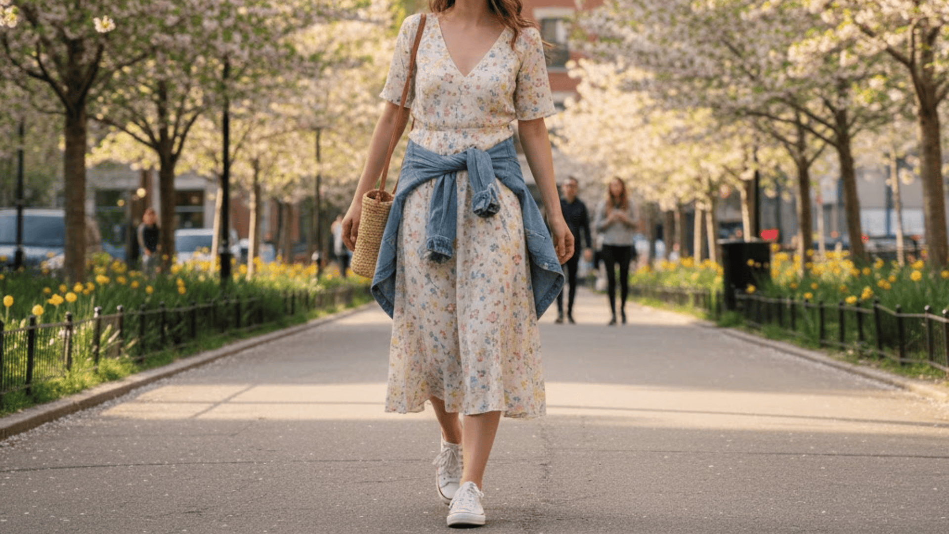 Casual Midi Dress With Sneakers and a Denim Jacket