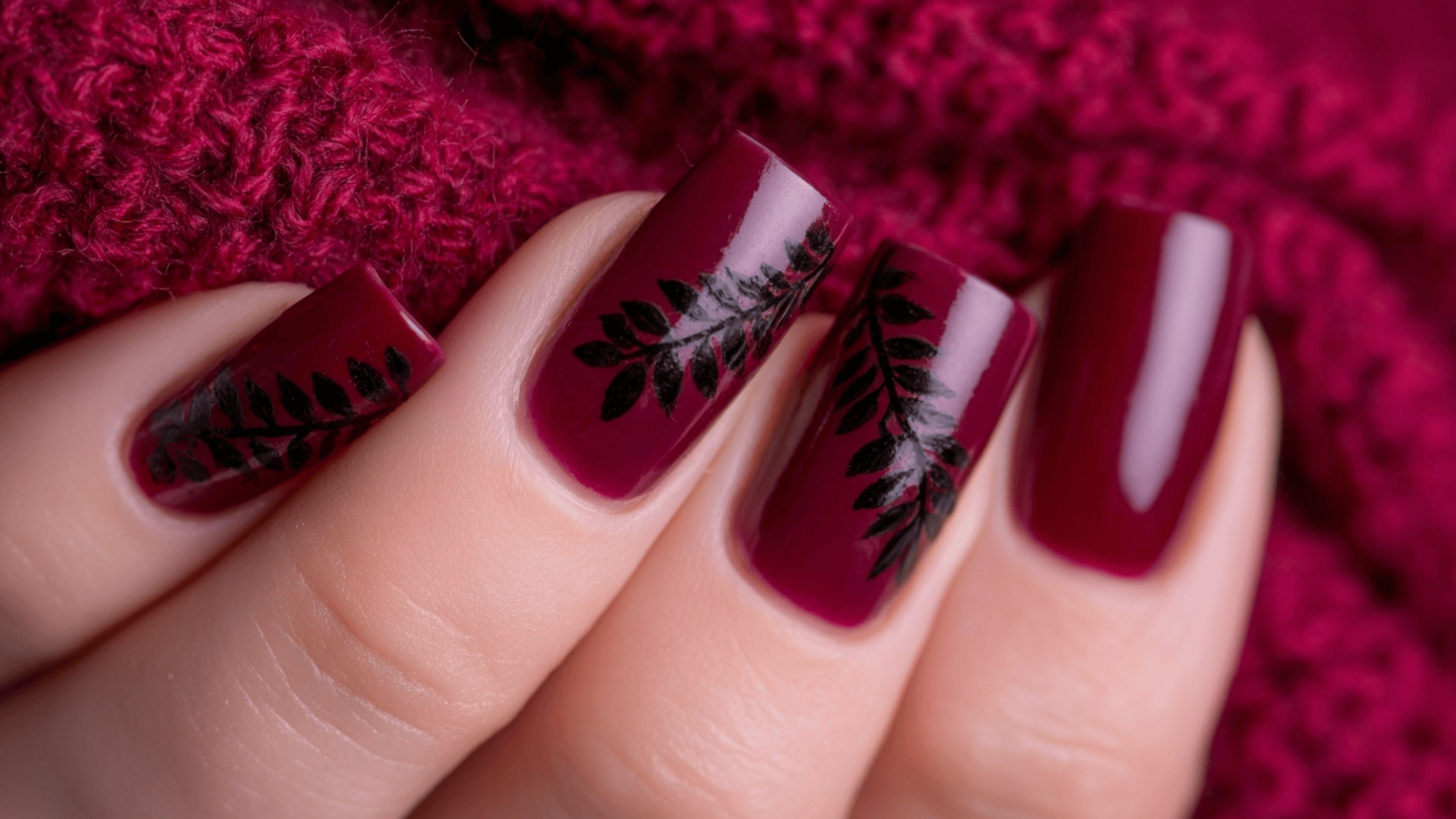 Deep Wine Red alongside Tiny Black Leaf Silhouettes