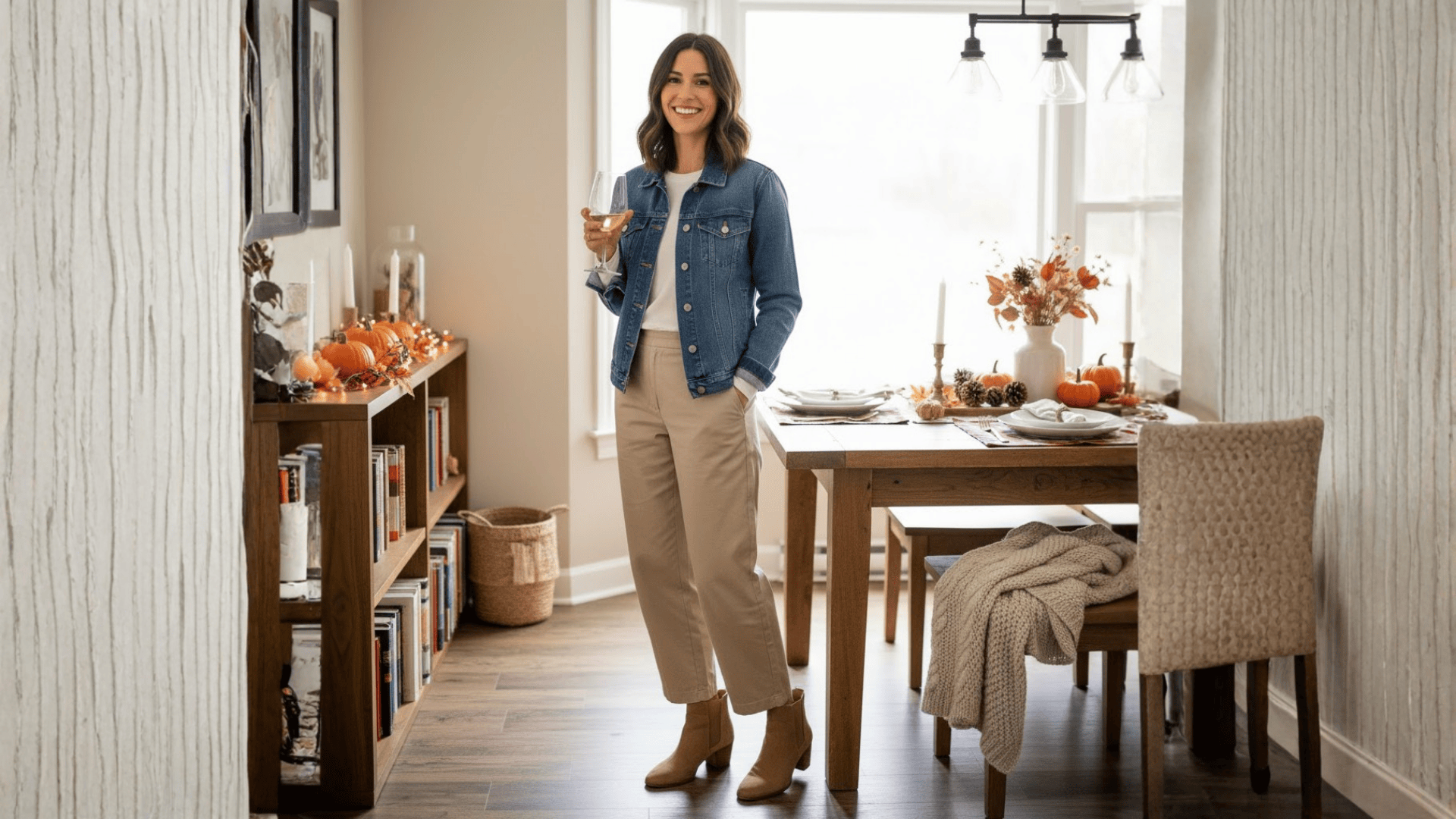 Denim Jacket And Wide Legged Pants Friendsgiving Look
