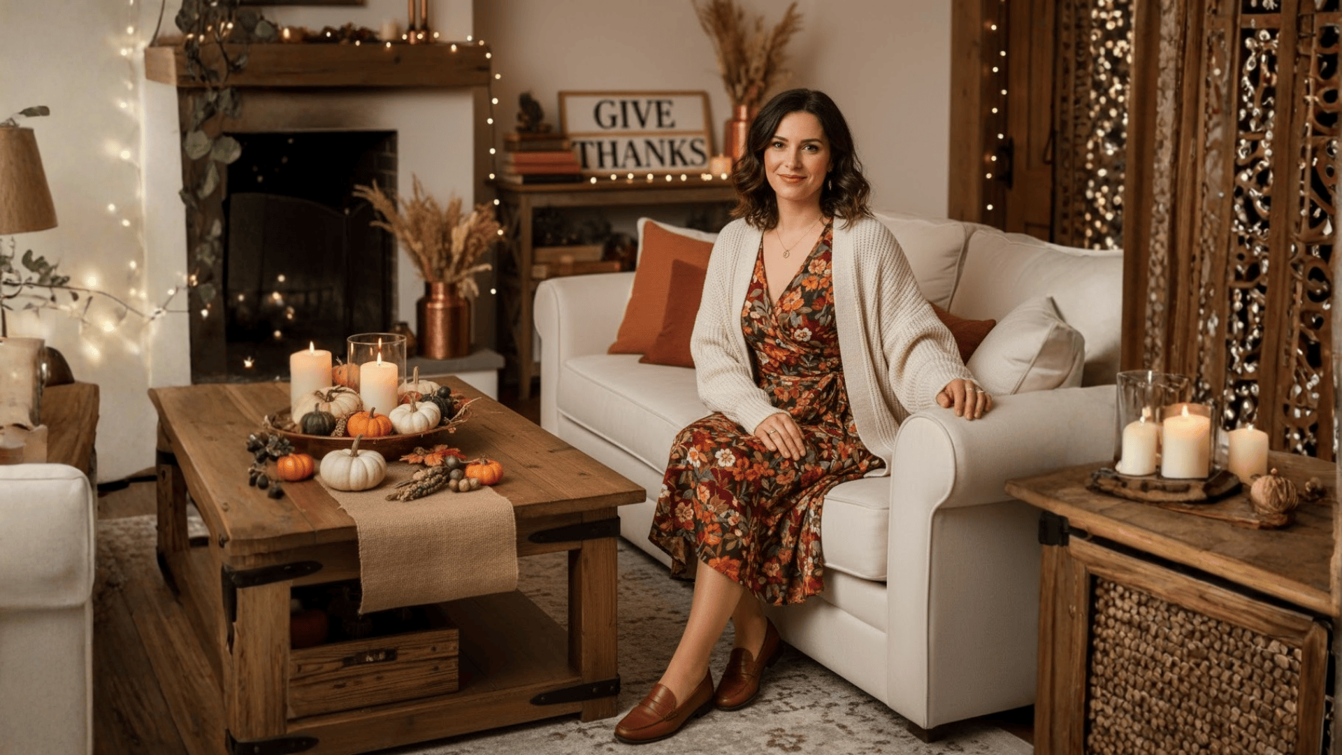 Fall Floral Wrap Dress And Loafers Thanksgiving Outfit