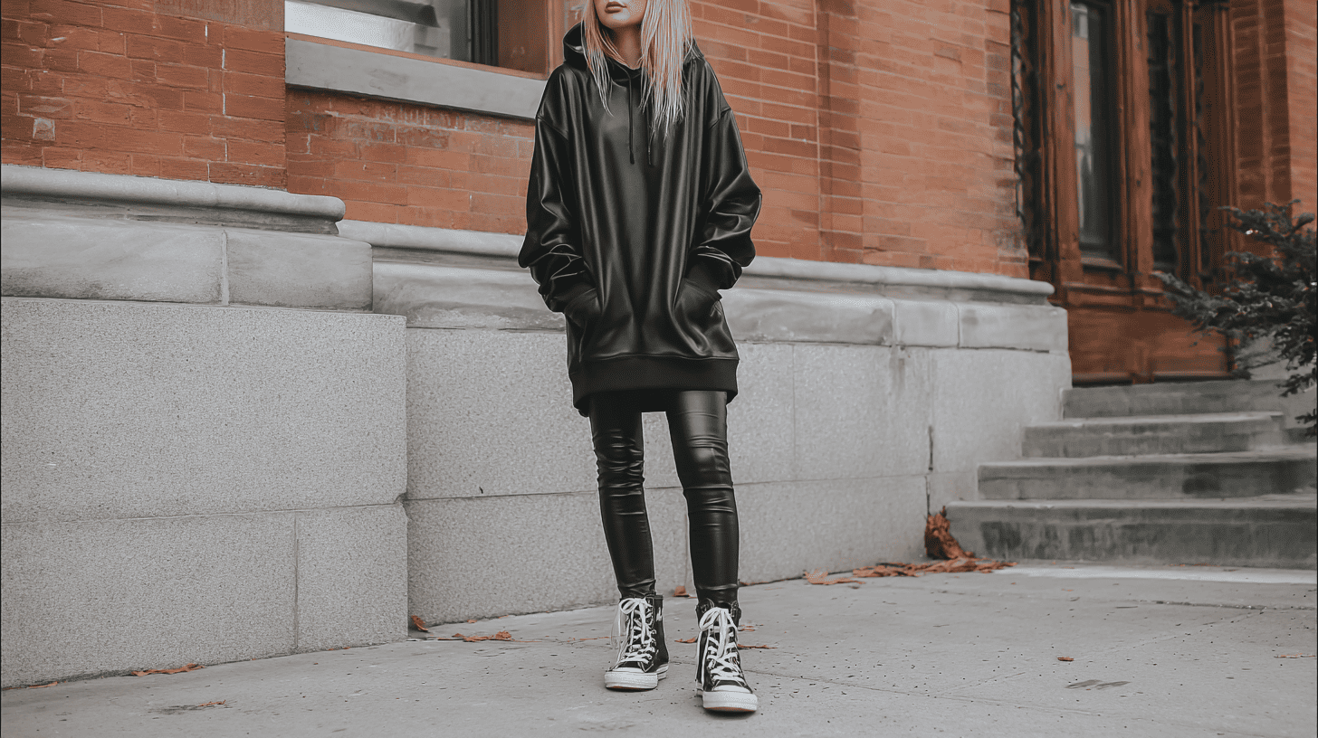 Faux Leather Leggings Hoodie Dress