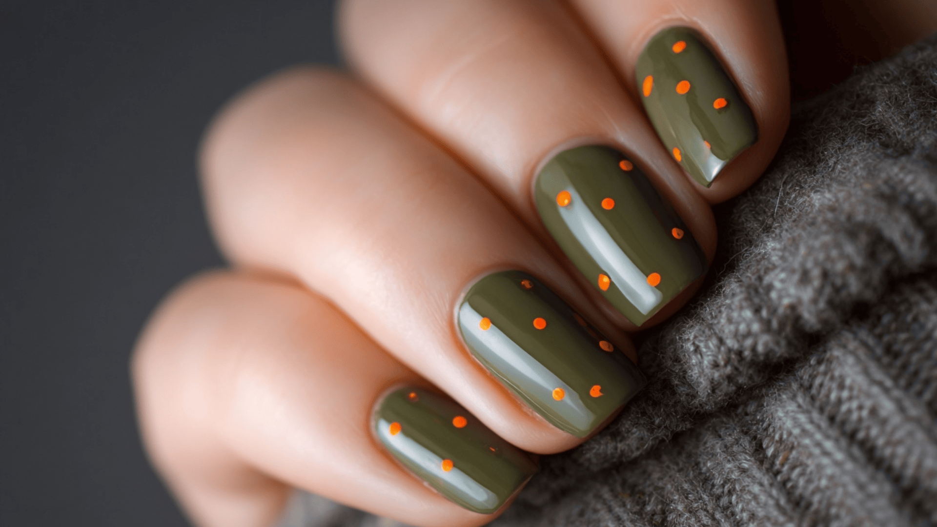 Glossy Olive Green featuring Delicate Orange Dots