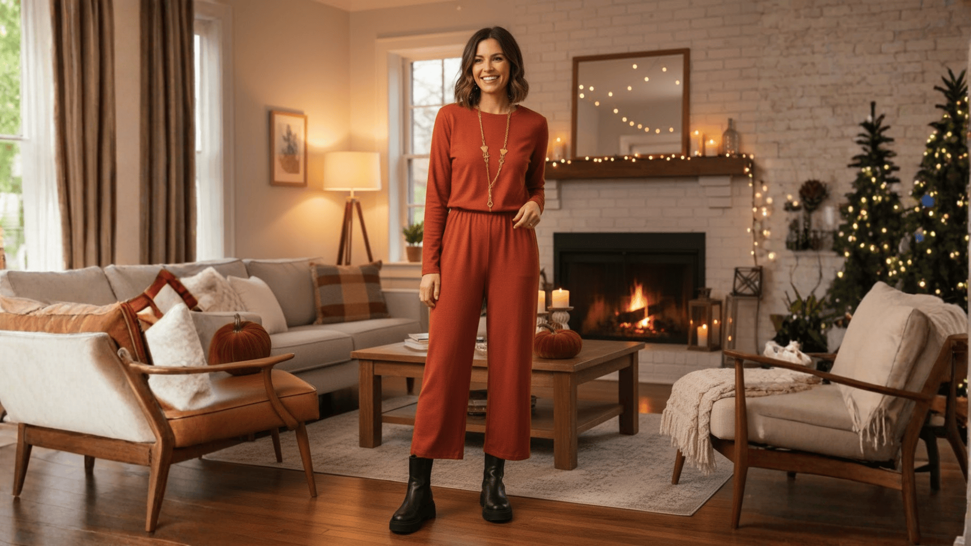 Jumpsuit And Chunky Boots Friendsgiving Look