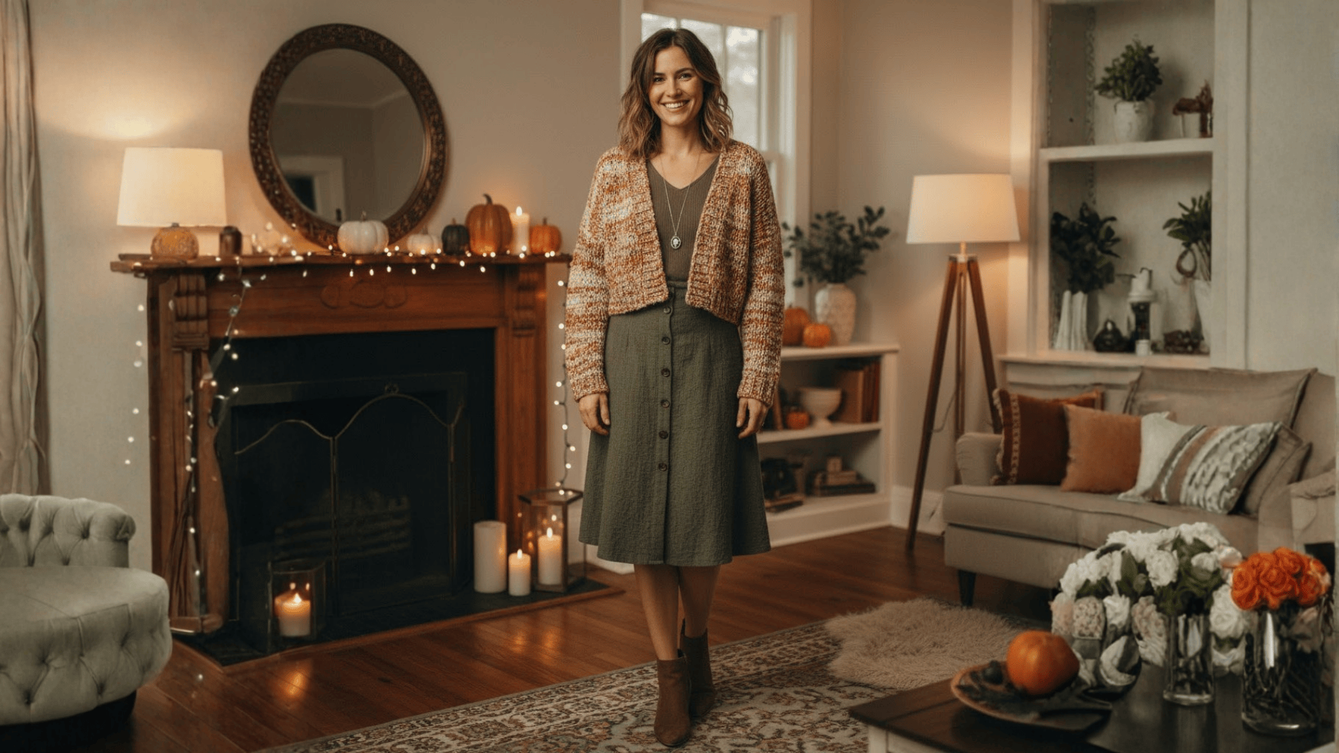 Knitted Cardigan And Button Front Skirt Friendsgiving Look