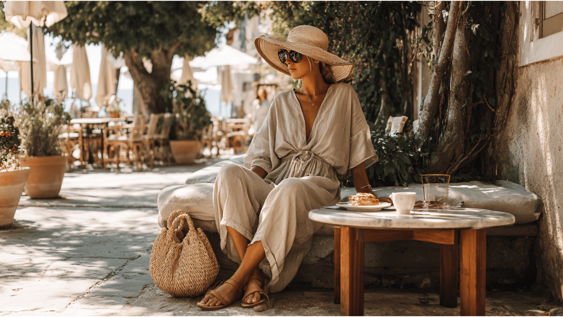 Linen Romper and Straw Hat