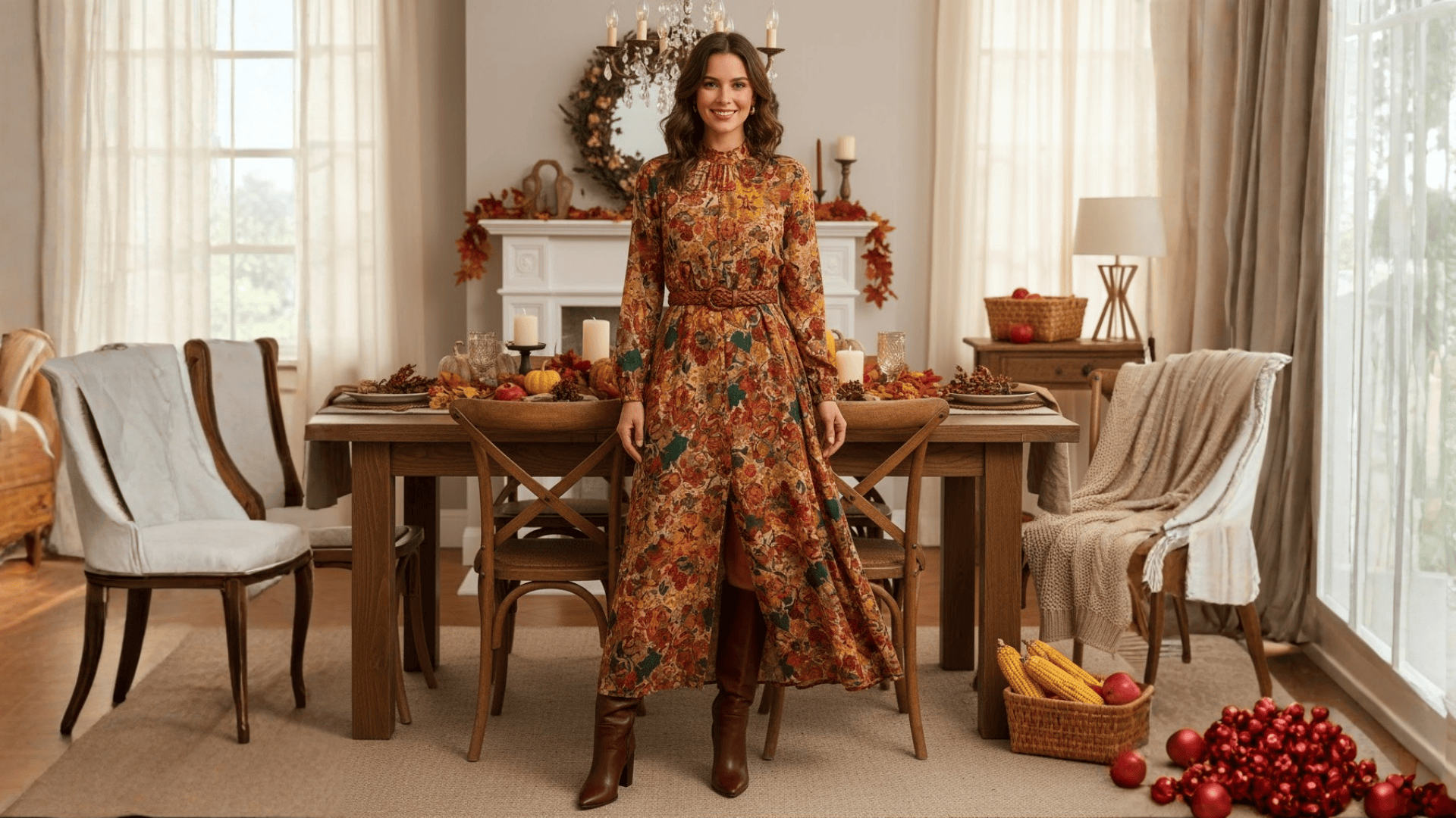 Maxi Dress With Belted Waist And Ankle Boots Thanksgiving Outfit