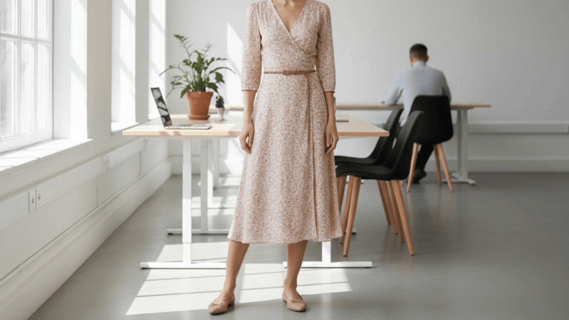 Midi Wrap Dress With a Belt and Simple Flats