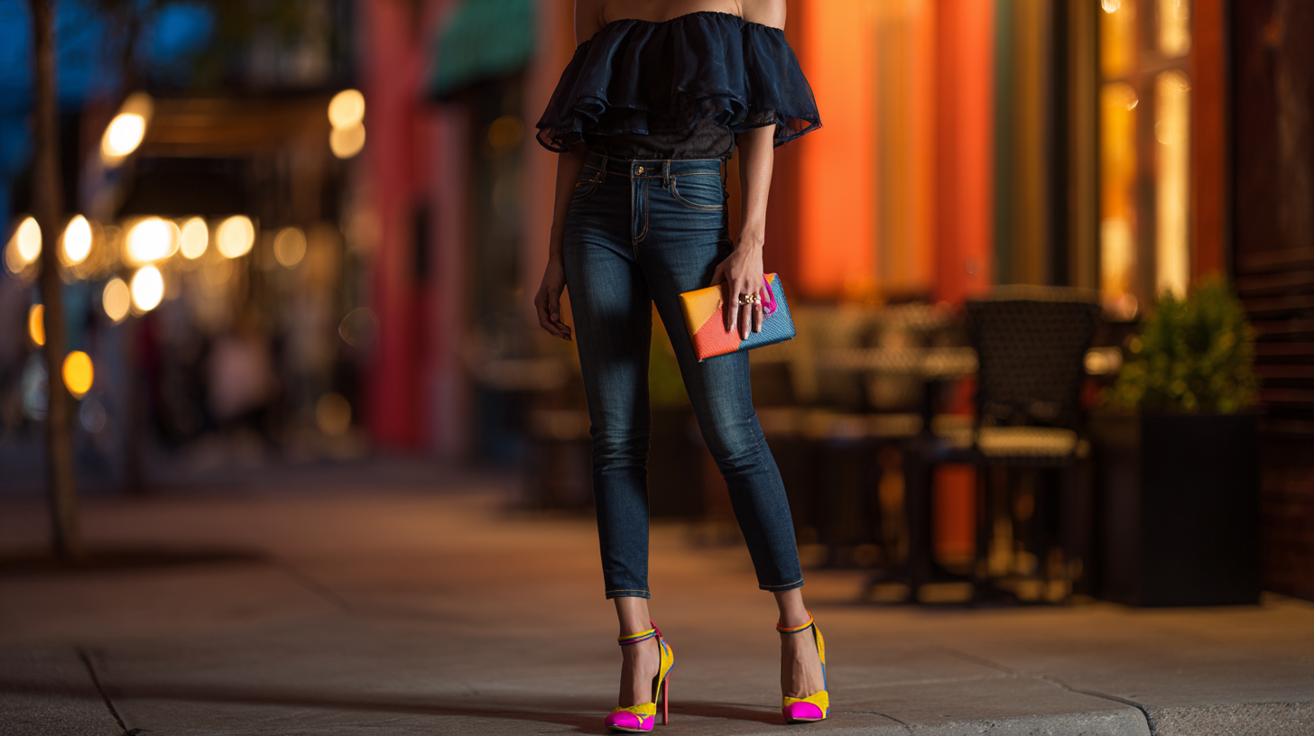 Off Shoulder Top With Skinny Jeans and Statement Heels