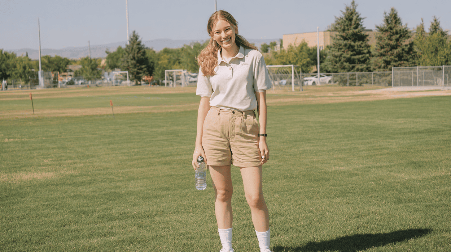 Polo Shirt Khaki Shorts and White Sneakers