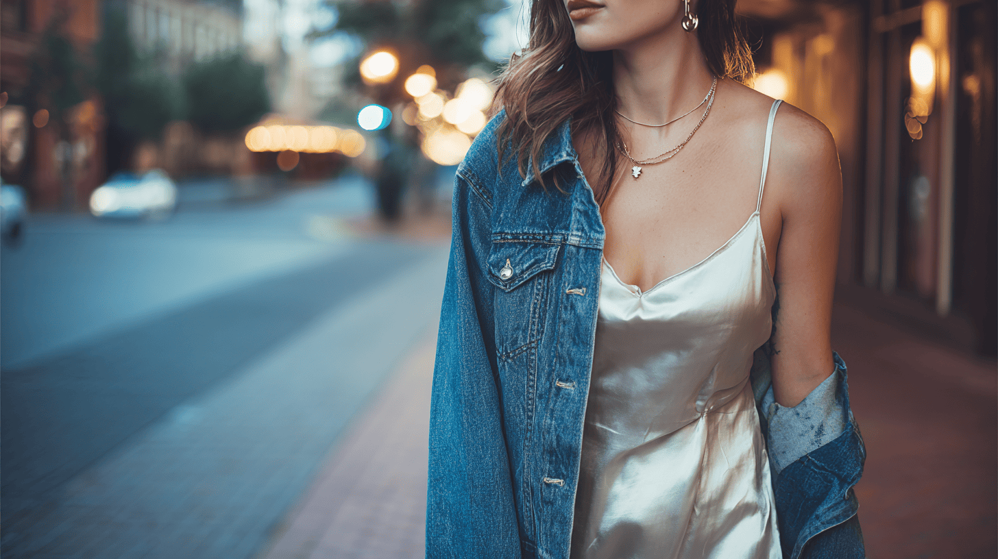 Satin Slip Dress With Denim Jacket and Heels