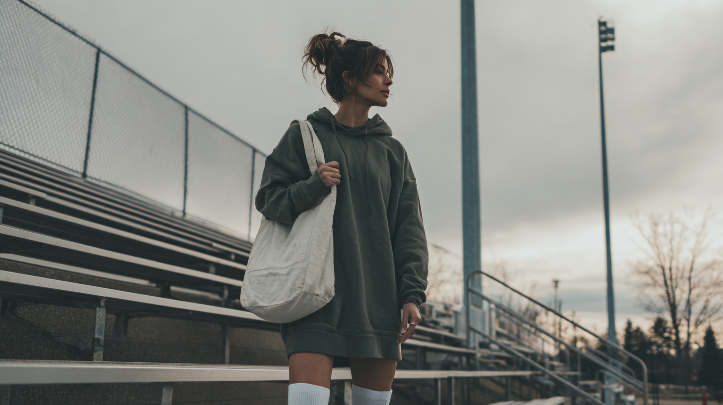 Sweatshirt Dress Sneakers and Tote