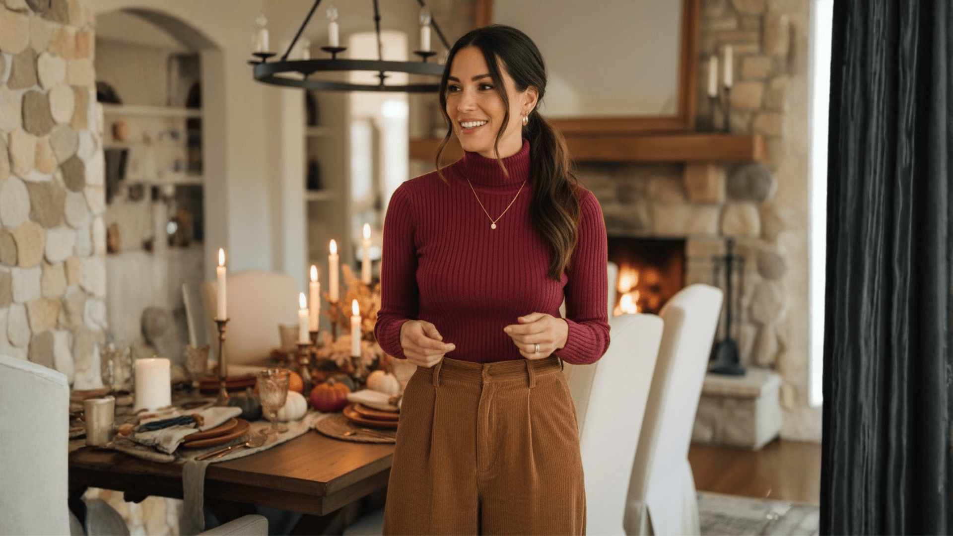Tailored Turtleneck Sweater And High Waisted Trousers Thanksgiving Outfit