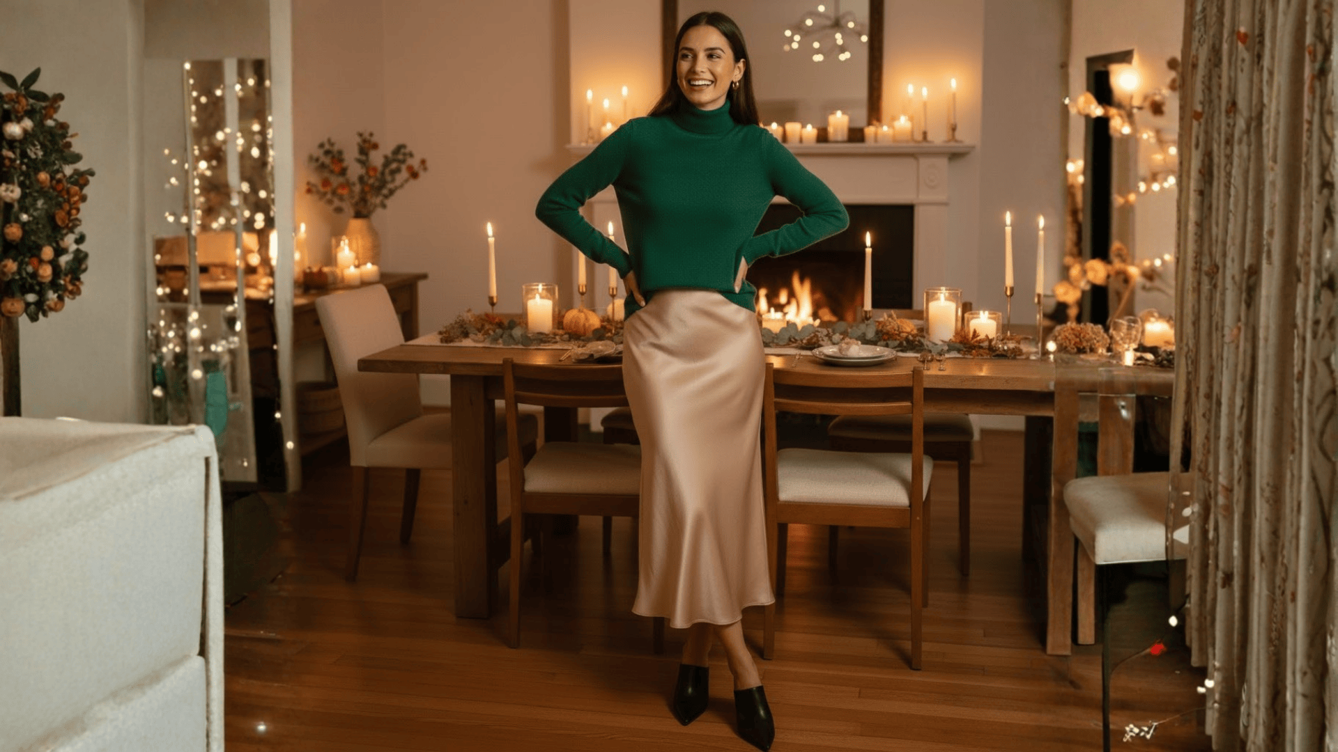 Turtleneck And Slip Skirt Friendsgiving Outfit