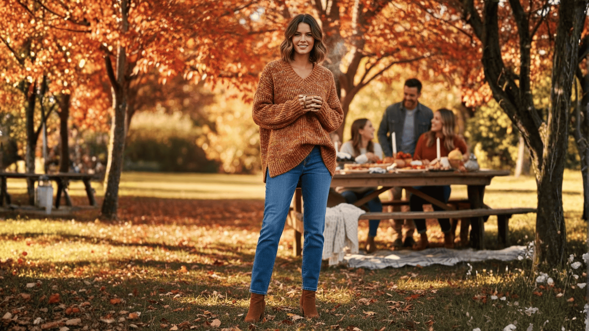 V Neck Knit Sweater And Straight Legged Jeans Thanksgiving Outfit