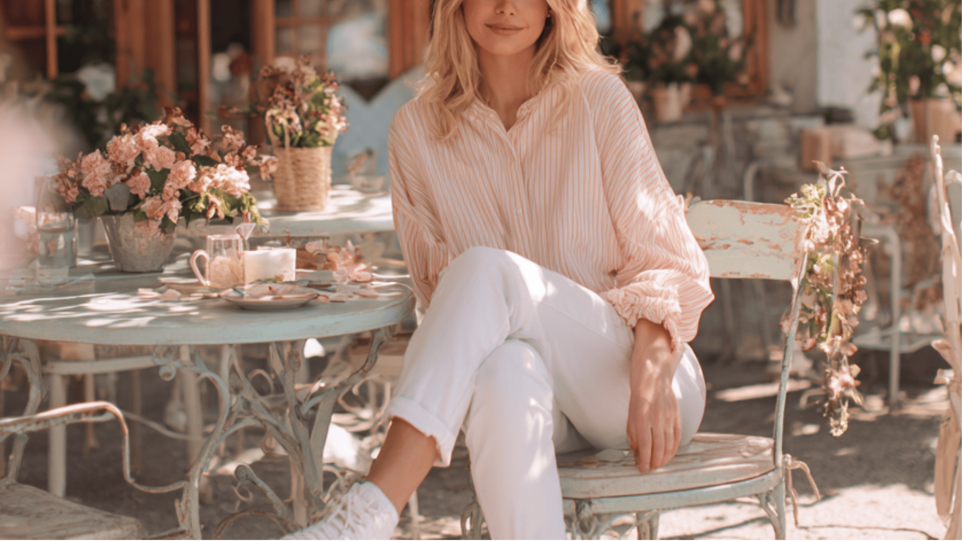 White Jeans and Pastel Blouse