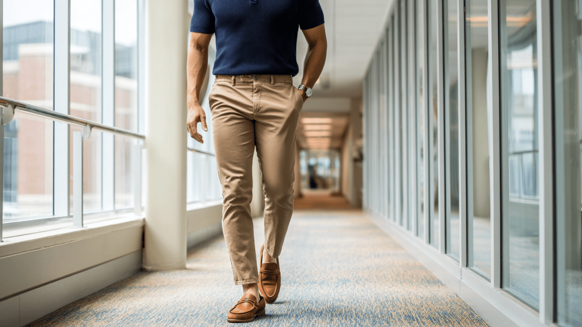 navy blue polo and khaki