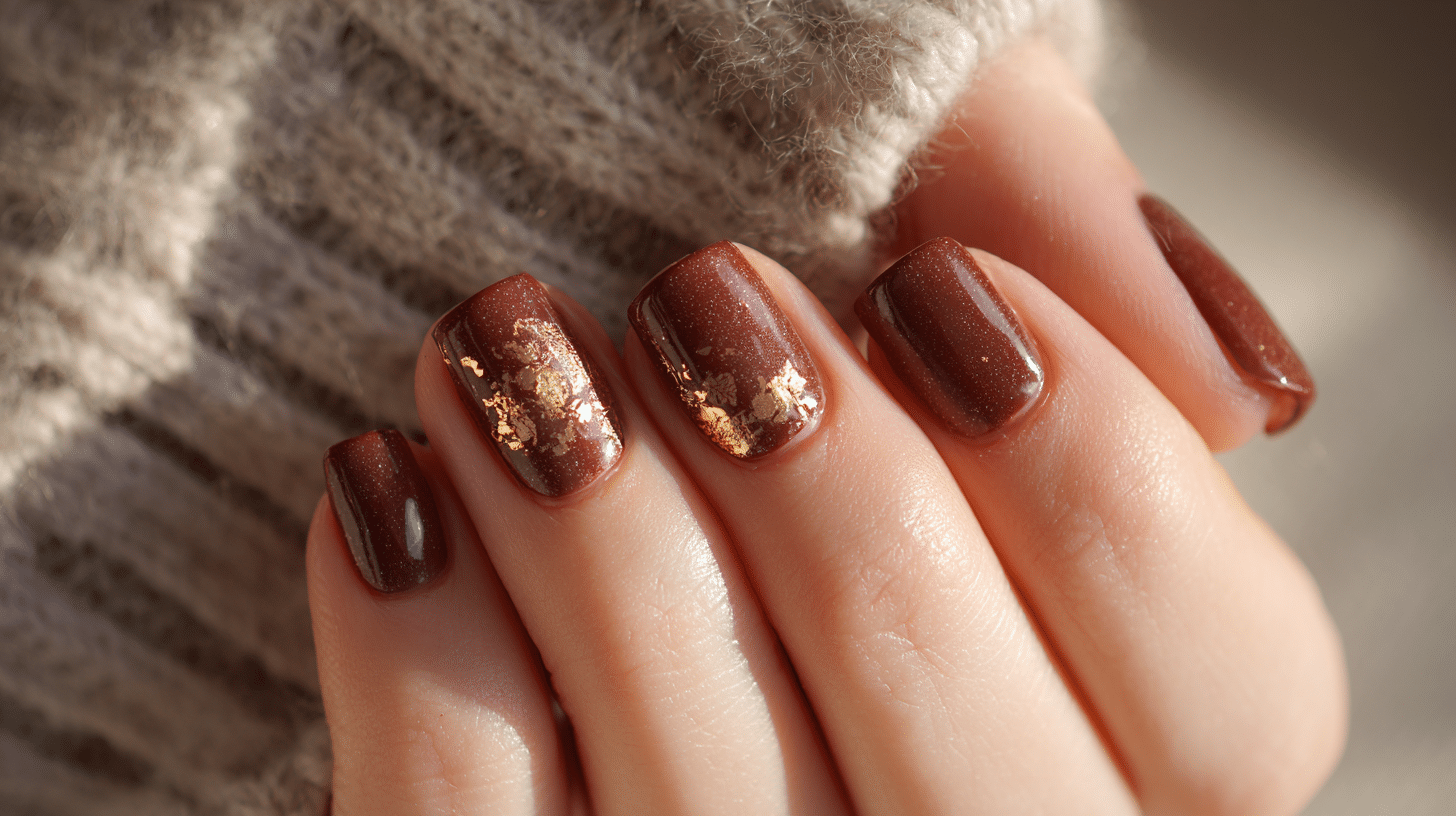 Brown Dip Nails With Gold Foil Accents