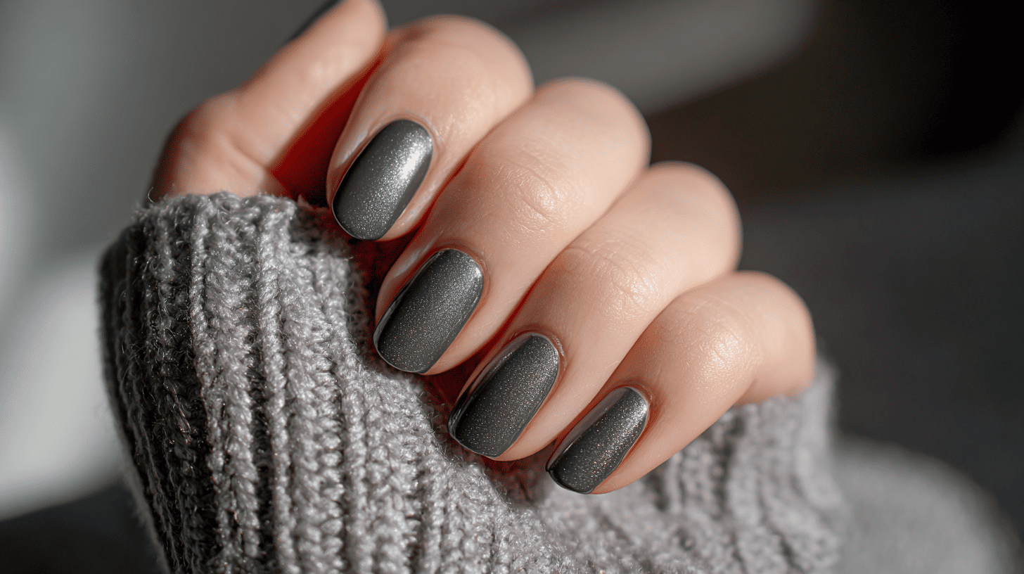 Charcoal Gunmetal Dip Nails With Metallic Sheen