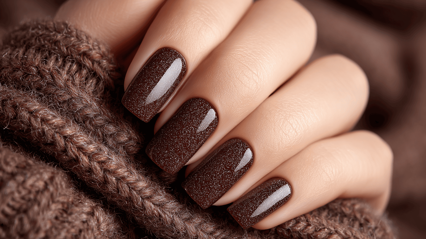 Chocolate Glitter Dip Nails With Soft Sparkle