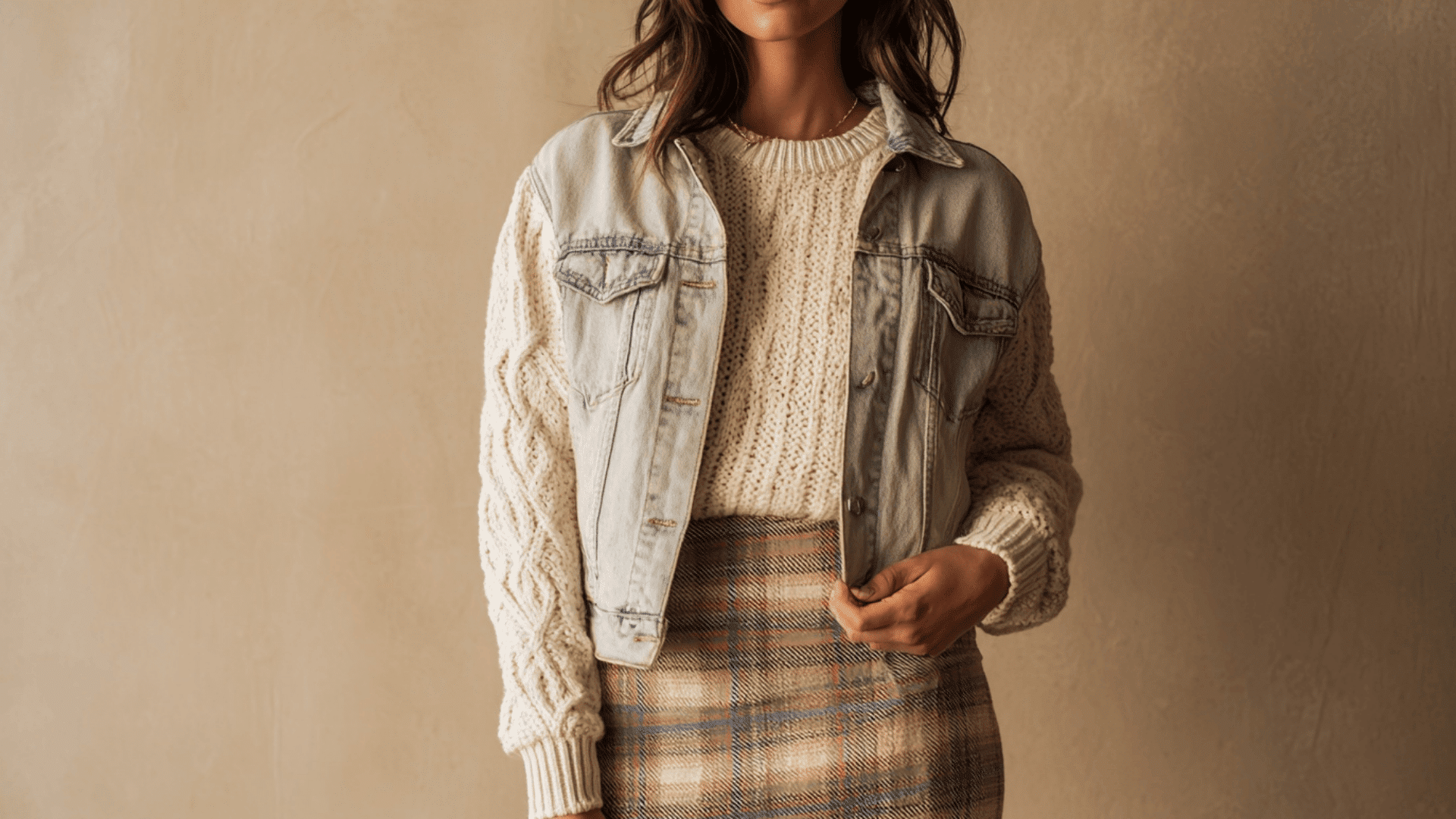 Cozy Sweater with Plaid Skirt and Denim