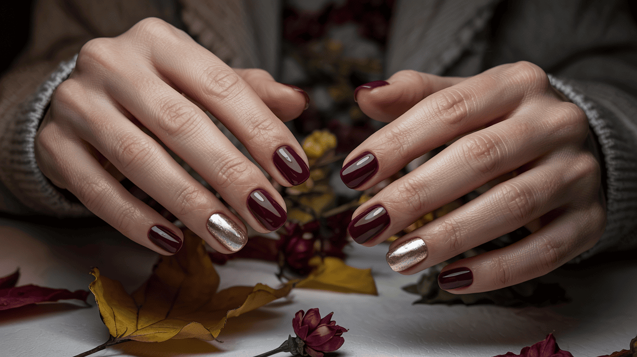 Deep Plum Fall Nail Design With Gold Accent (1)