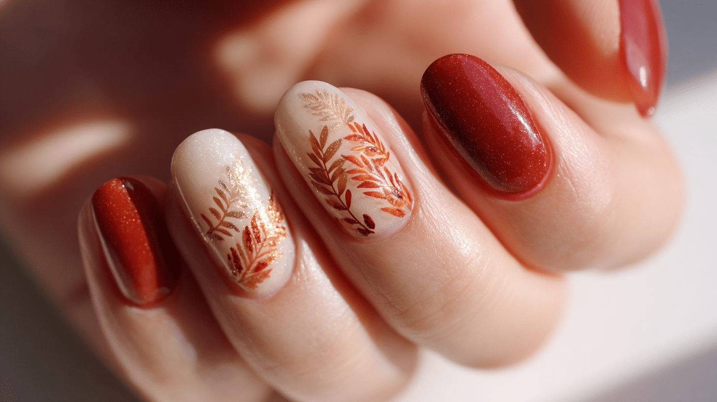 Leaf Detail Dip Nails With Fall Colors