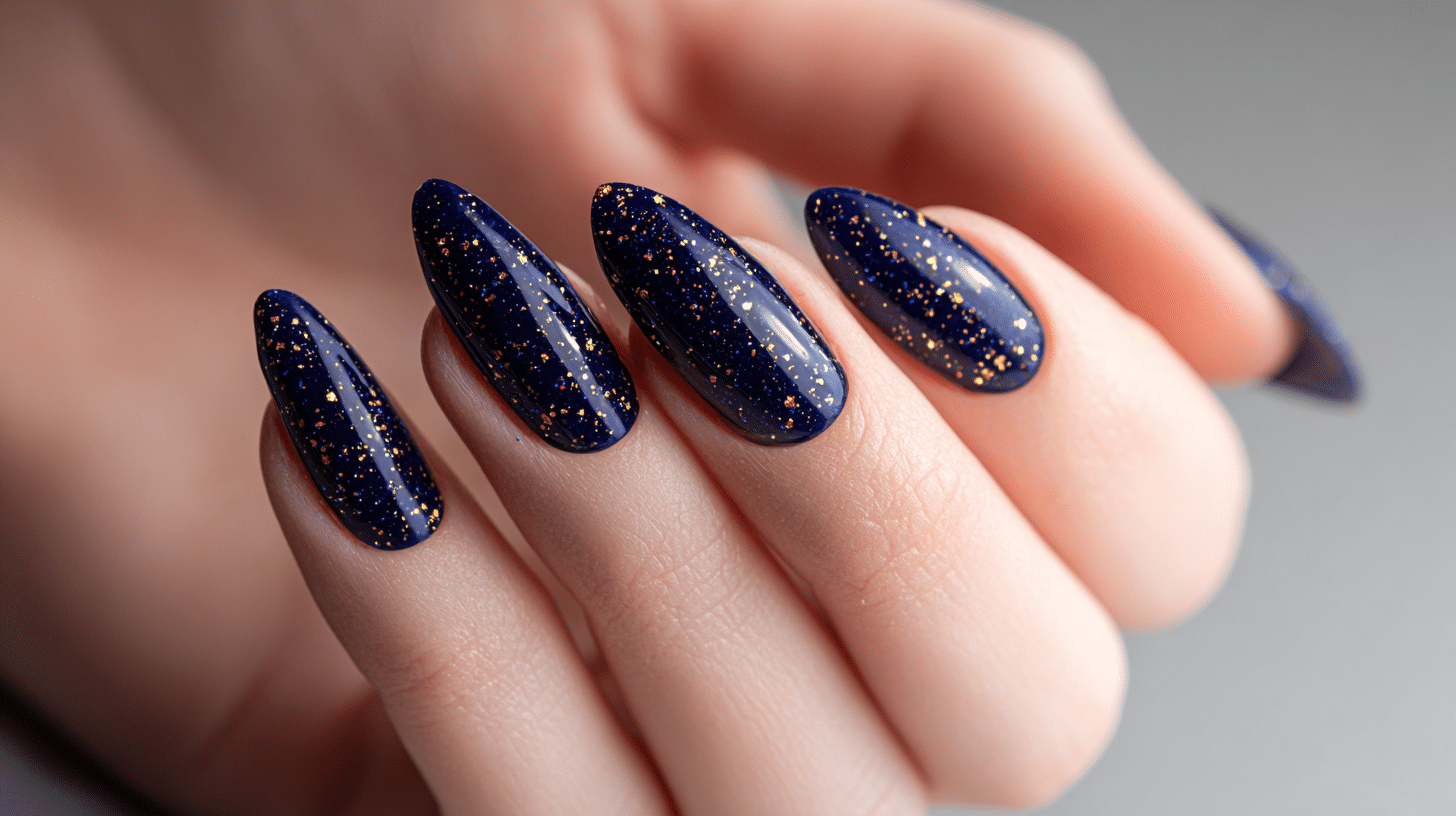 Navy Dip Nails With Gold Speck Detail