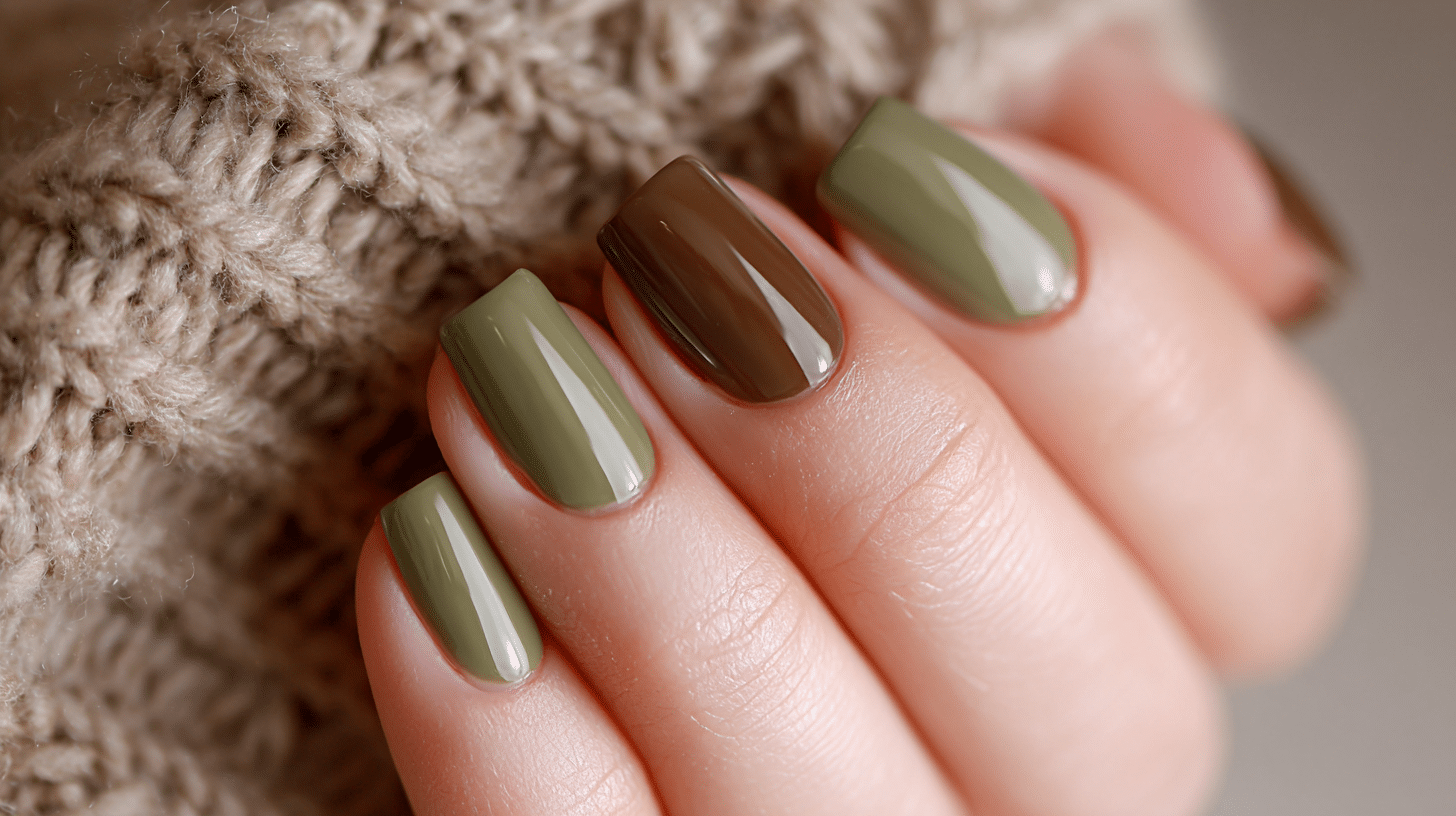 Olive And Brown Accent Dip Nails Earthy Fall Tones