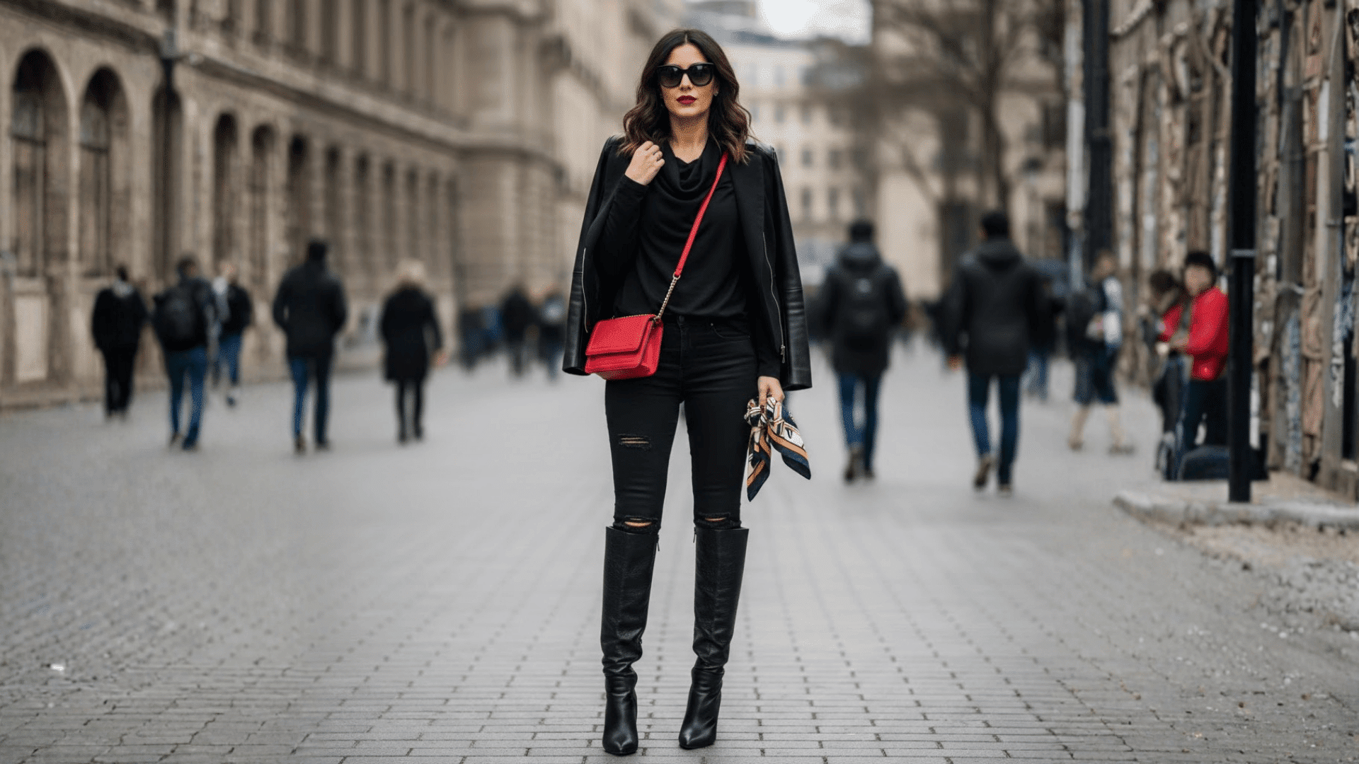 all black monochrome outfit knee high boots with color accent
