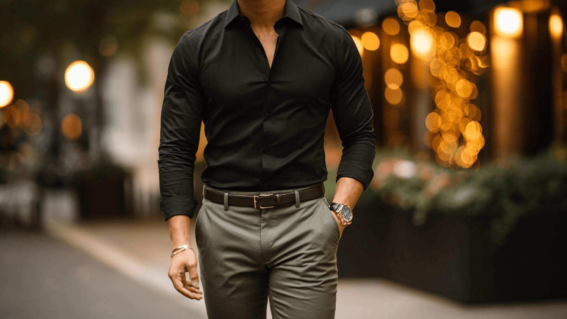 black shirt with olive pants