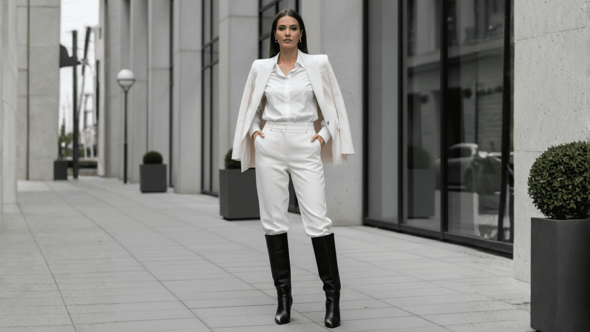 blazer all white outfit knee high boots