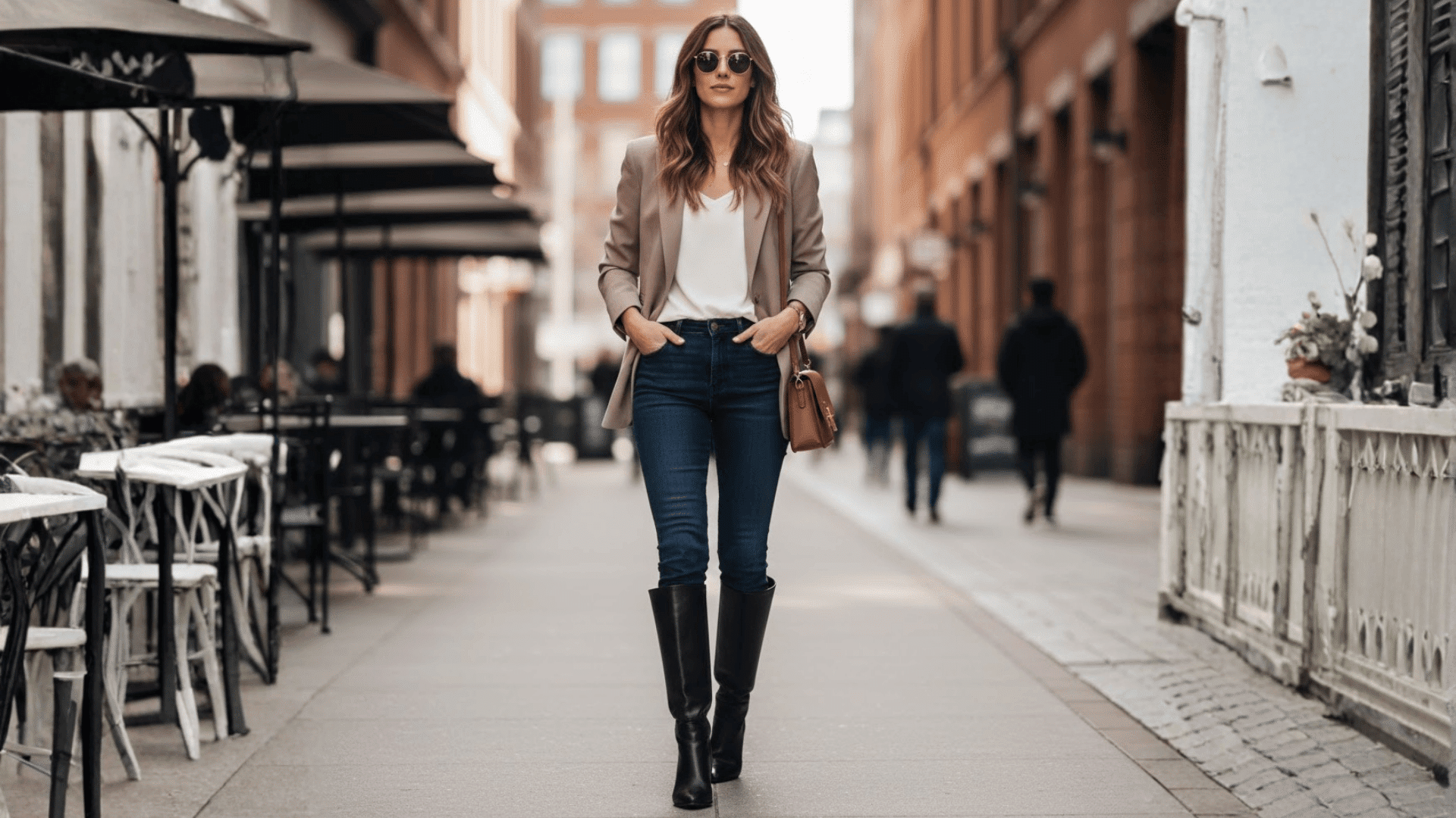 blazer skinny jeans knee high boots