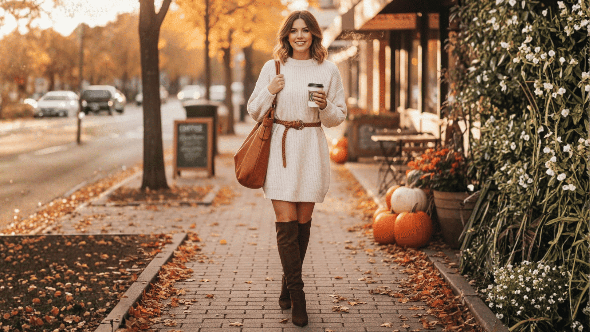 cozy sweater dress knee high boots with belt
