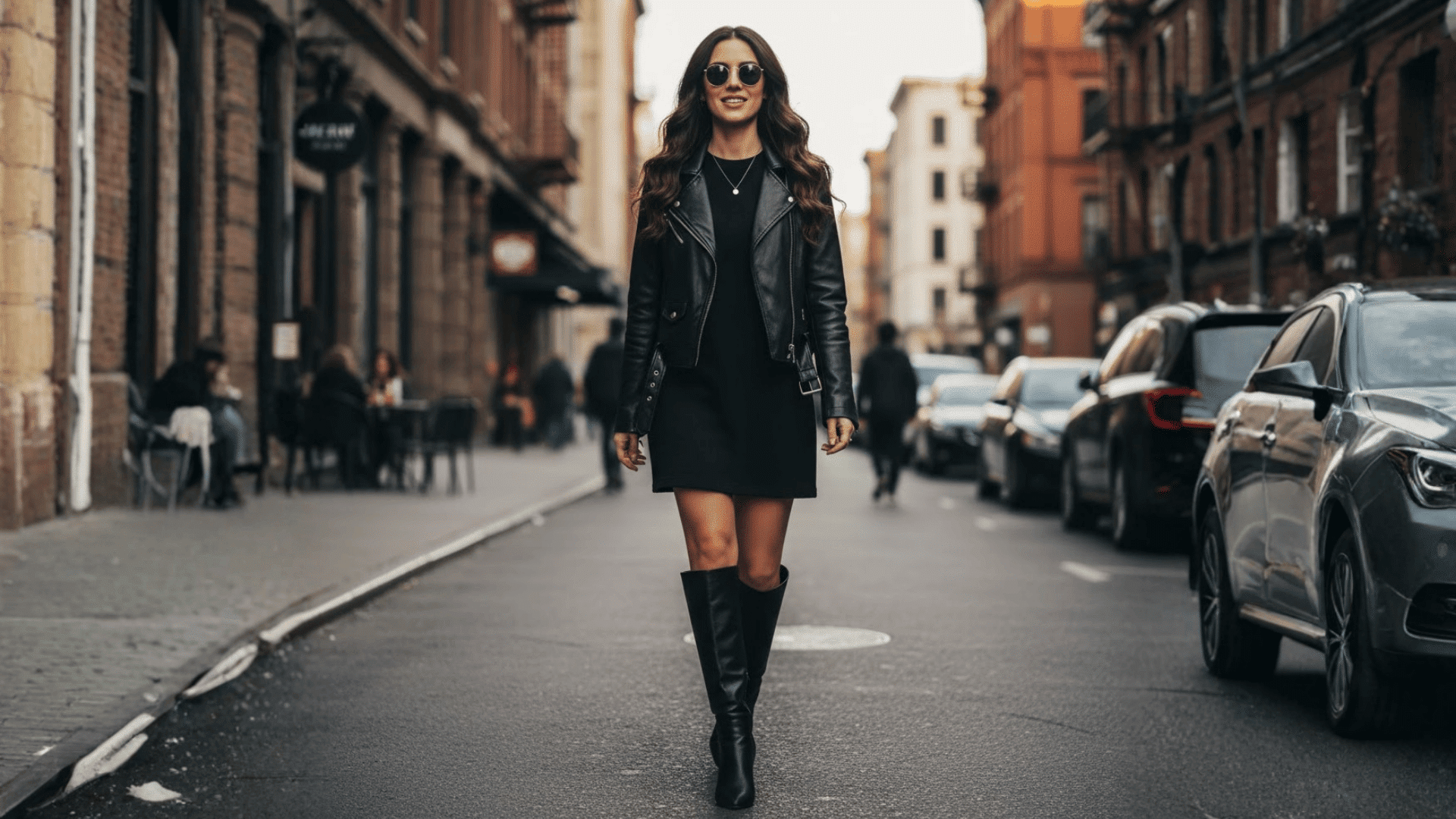 leather jacket mini skirt knee high boots