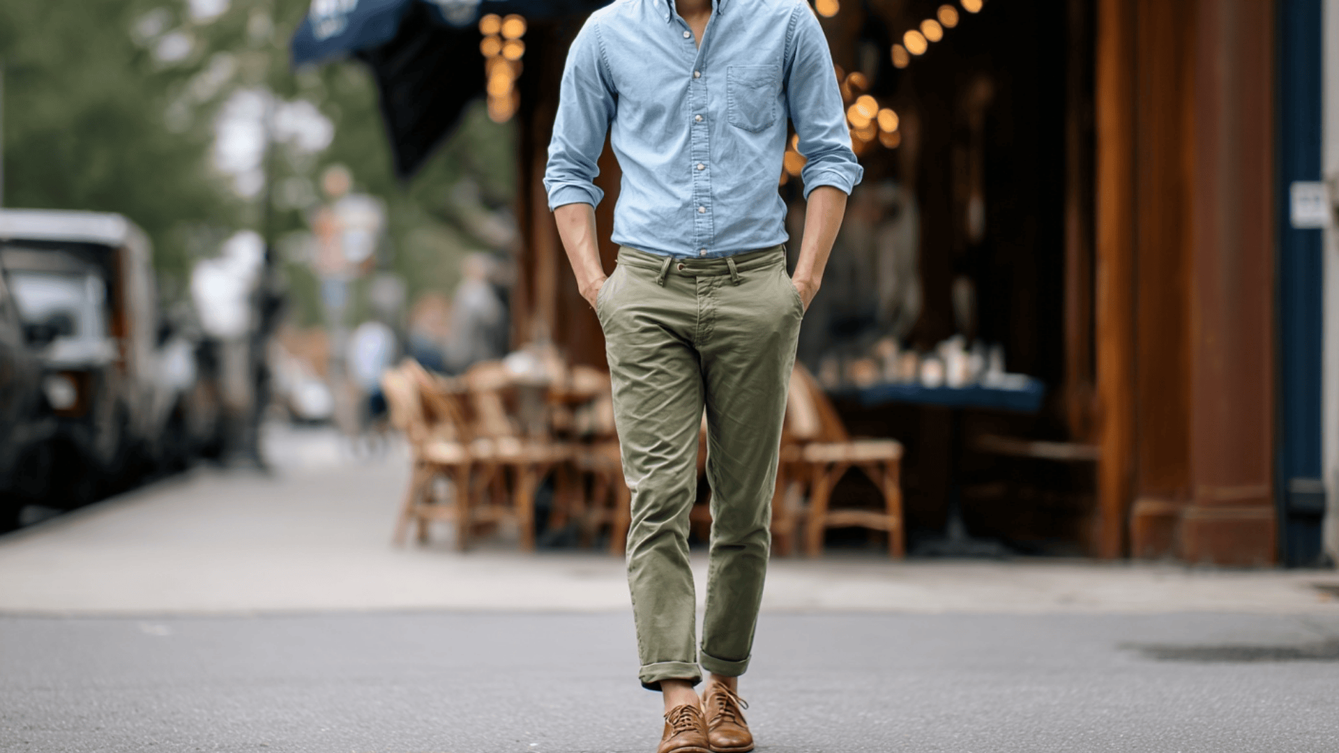 light blue shirt with olive pants