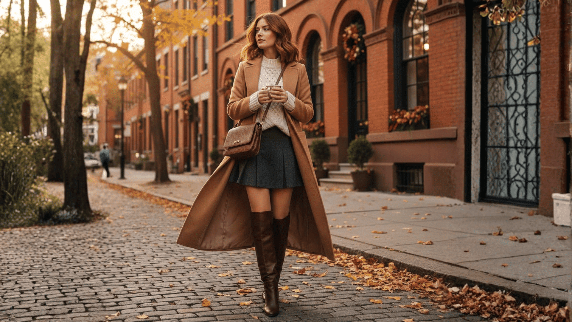 long coat sweater pleated mini skirt knee high boots outfit