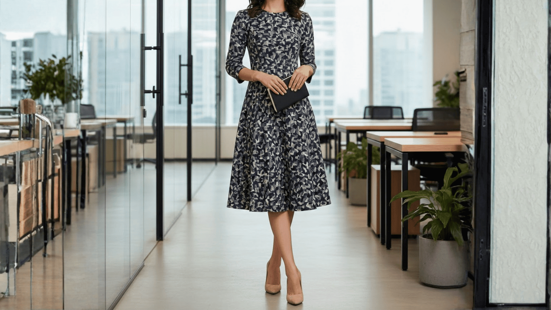 Patterned Dress With Neutral Heels