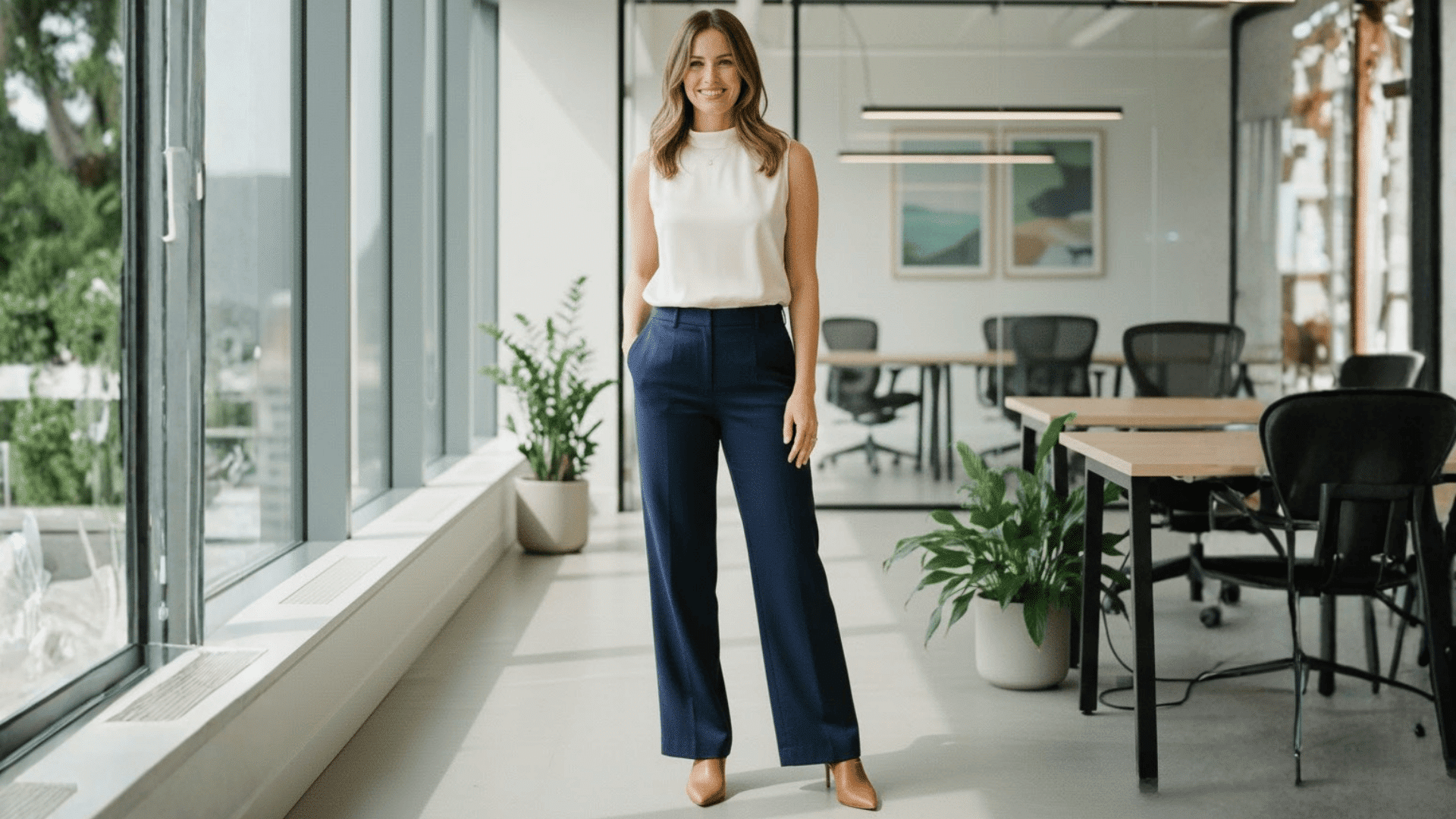 sleeveless blouse with wide leg pants
