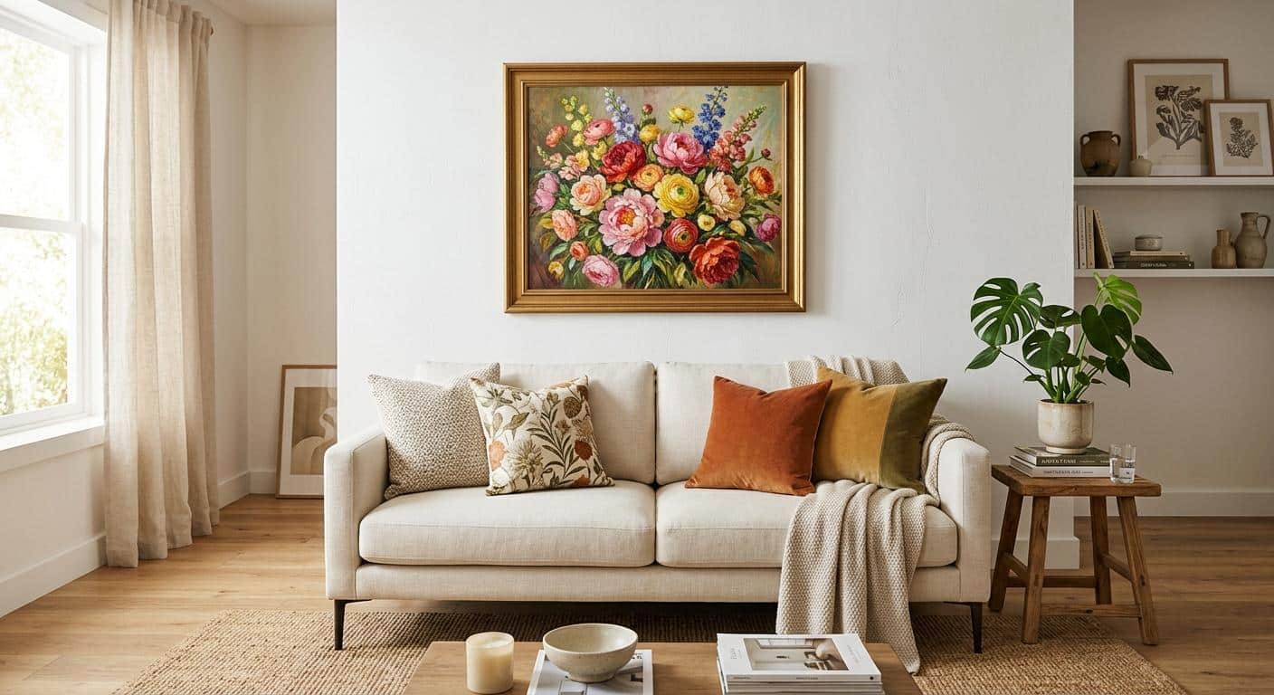 Bright modern living room with a large framed floral oil painting displayed above a cream sofa
