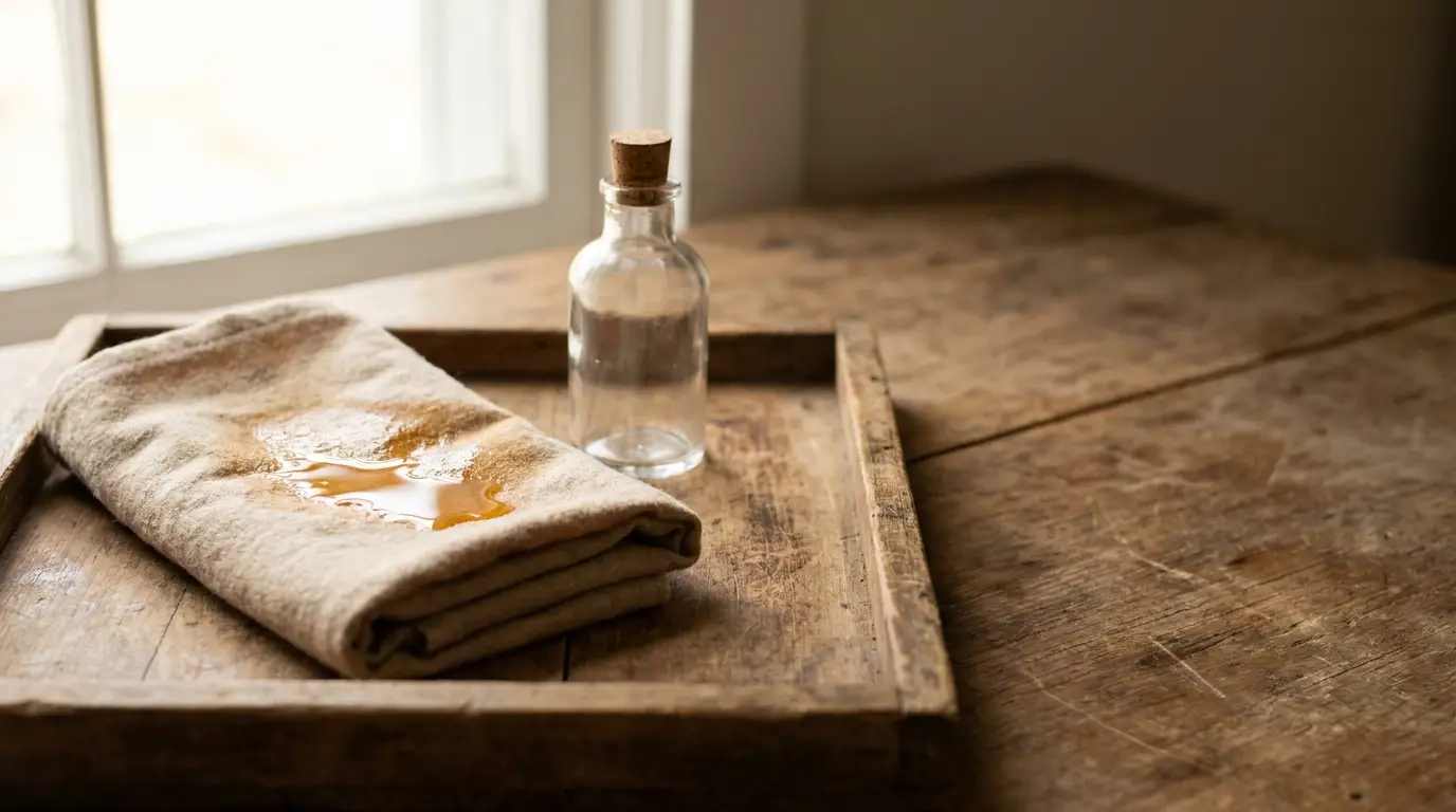 Folded cloth with spilled liquid next to empty glass bottle on rustic wooden tray