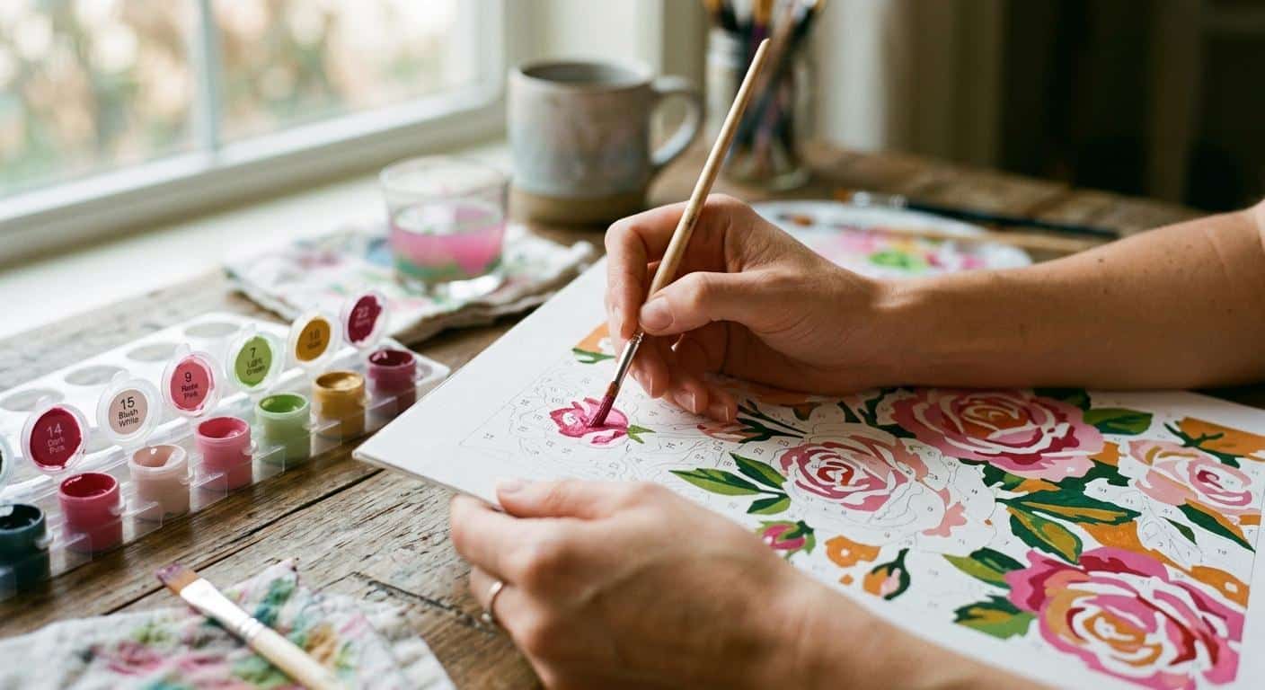 Close-up of hands painting a floral paint-by-numbers canvas with numbered sections and small paint pots