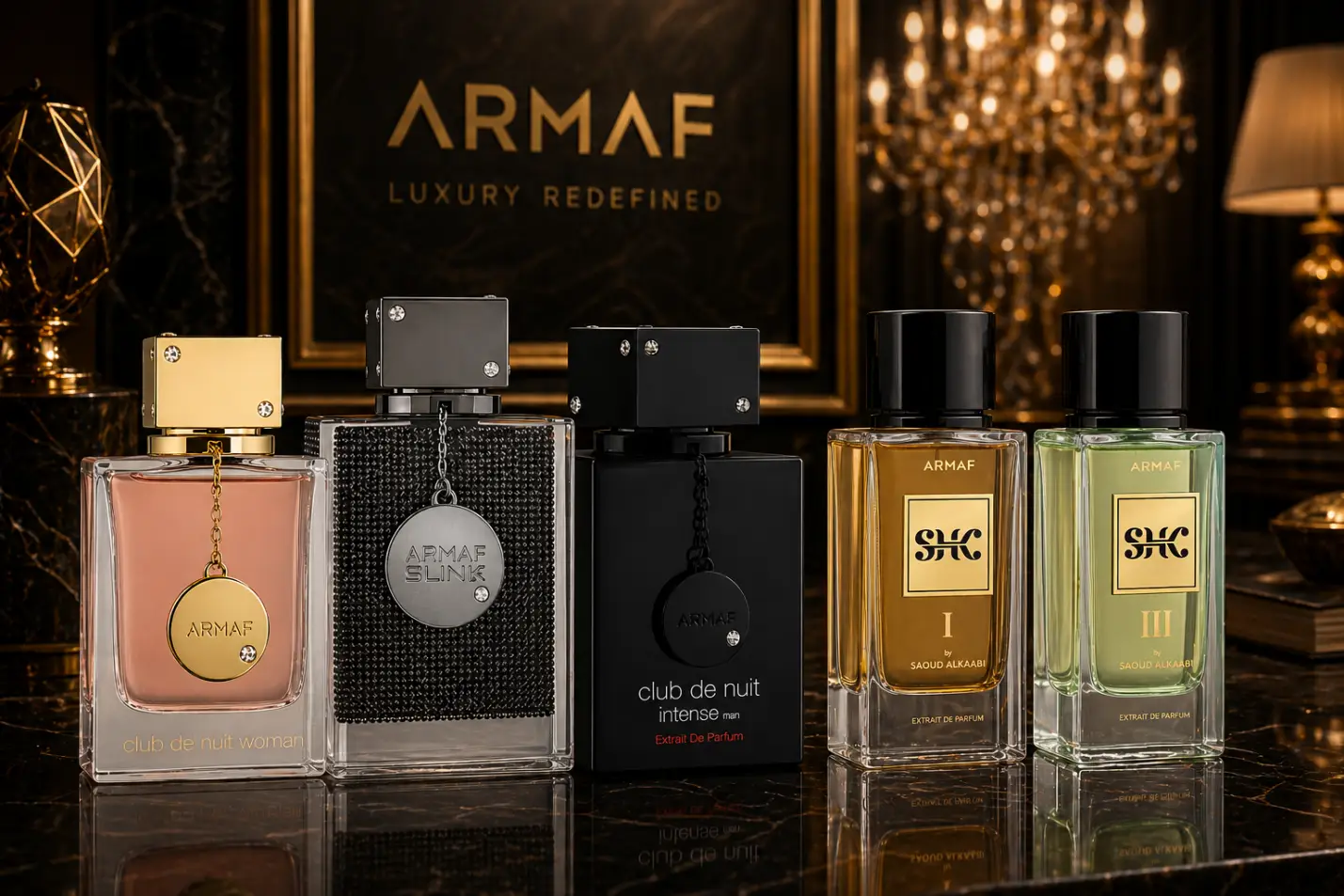 Elegant perfume bottles displayed on a glossy surface with chandelier and warm lighting in background