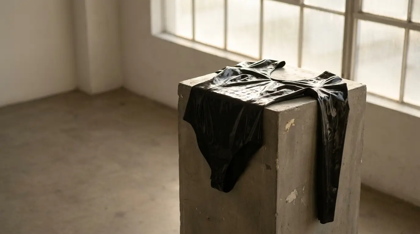 Black latex bodysuit draped over a concrete pedestal in a sunlit room