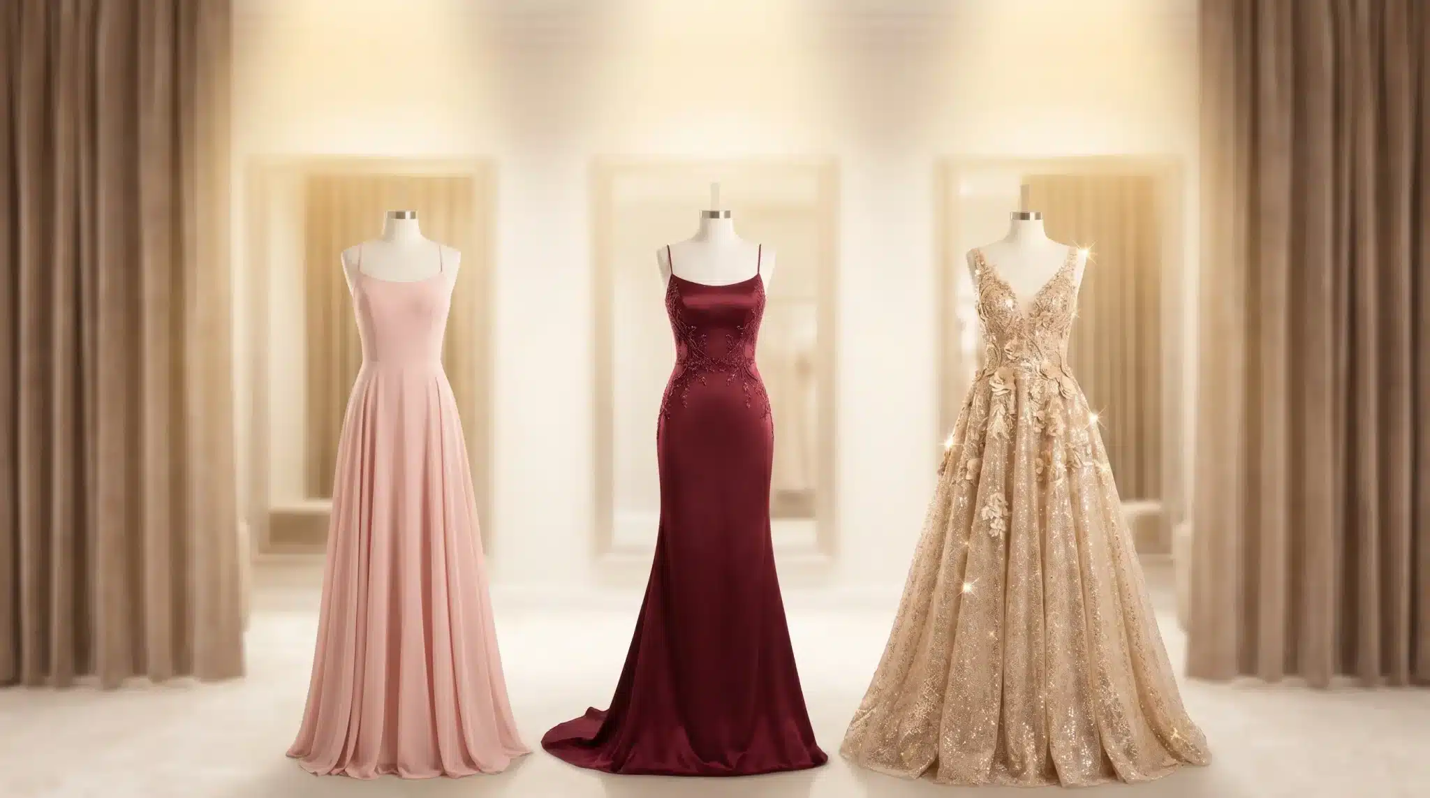 Three elegant evening gowns on mannequins in a warmly lit boutique setting