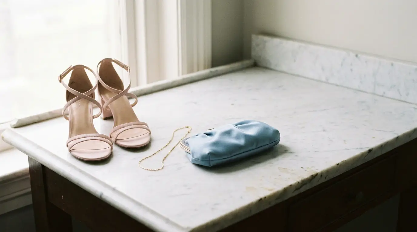 Beige strappy high heels and blue clutch on marble table near window