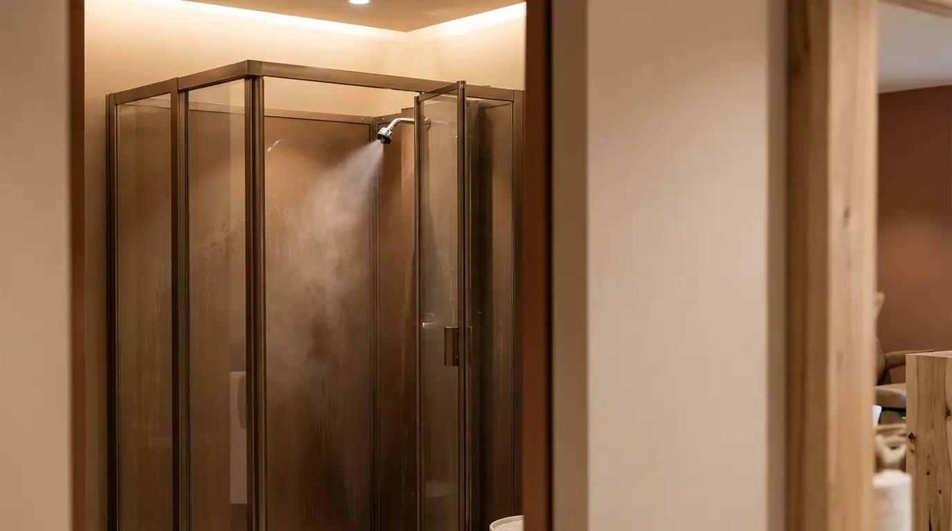 Steaming shower with clear glass doors in modern bathroom with warm lighting